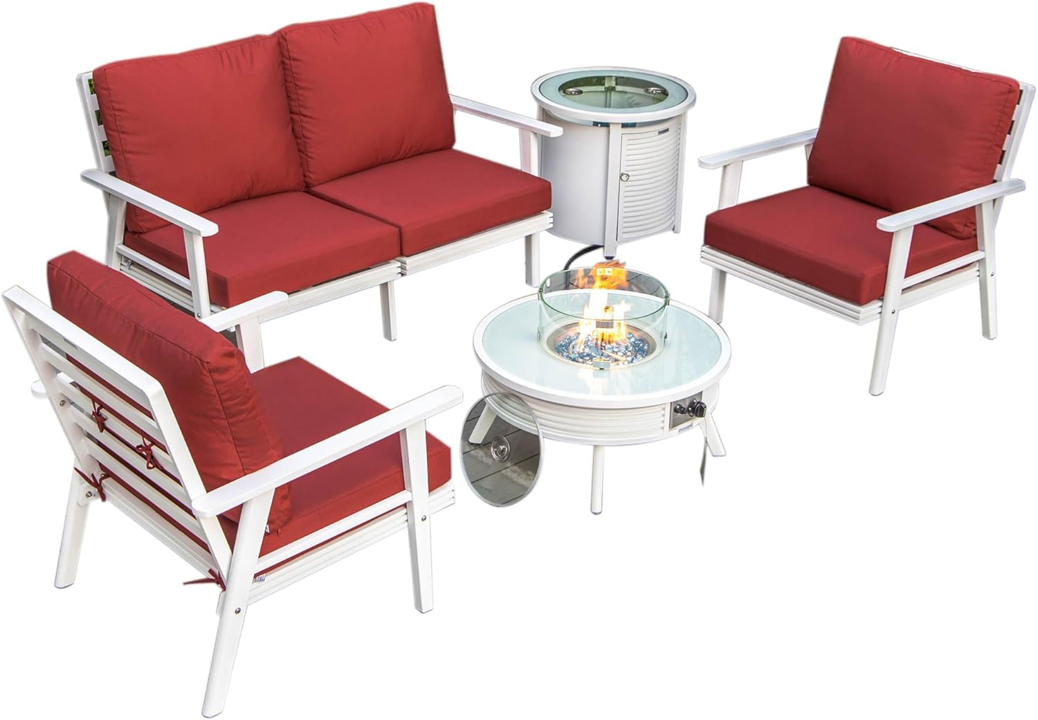 LeisureMod Walbrooke Modern Aluminum 5-Piece Patio Conversation Set with Outdoor Round Fire Pit Slats Design & Side Table Tank Holder, Red