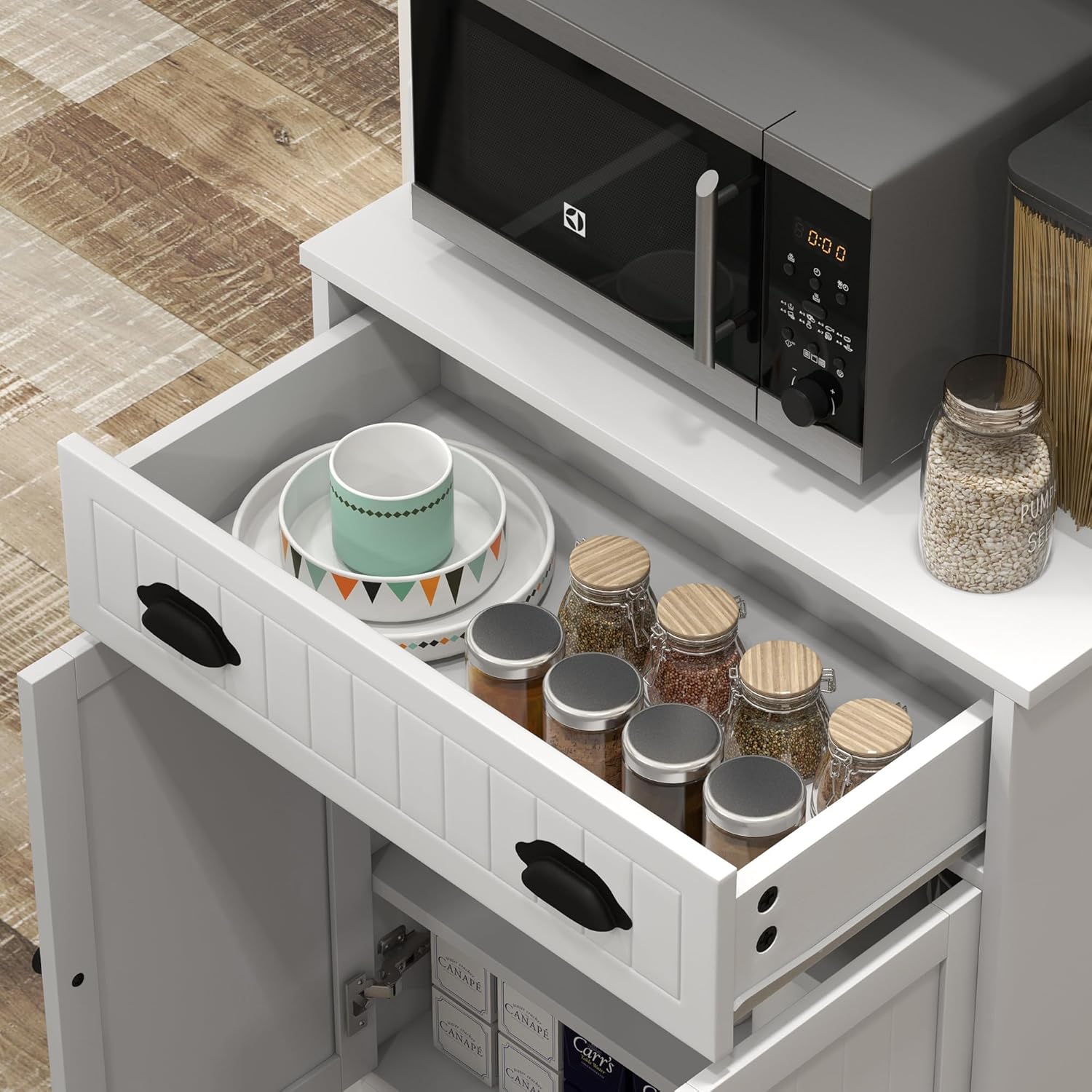 HOMCOM Microwave Cabinet with Storage Drawer, Double Door Cabinet and Adjustable Shelf, Buffet with Hutch and Cable Hole, Storage Cabinet for Kitchen, Dining Room, Living Room, White