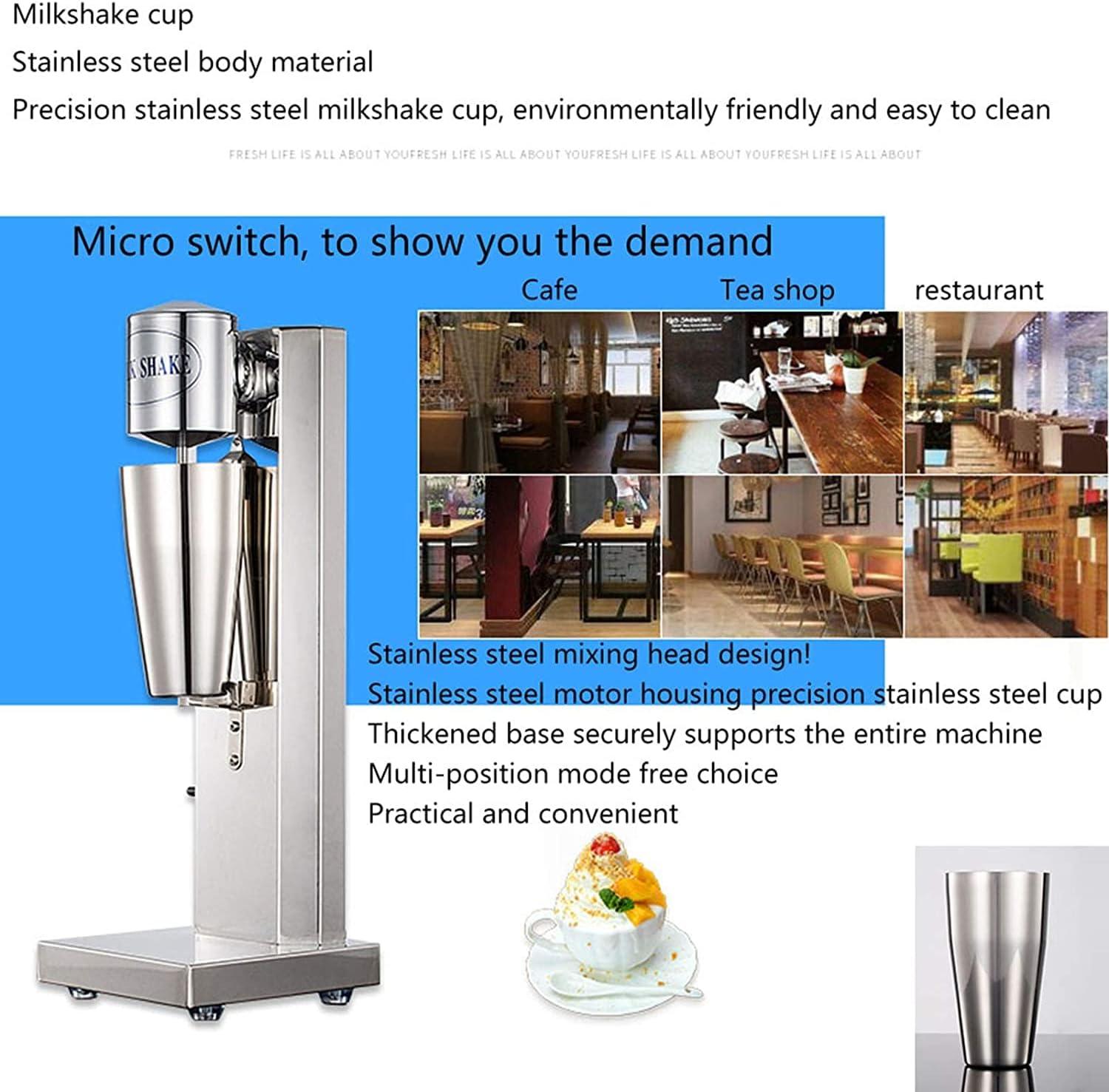 Commercial Milkshake Blender, Multifunctional Milkshake Machine Stainless Steel Electric Milkshake Machine Home Business Ice Cream Beverage Smoothie Blender