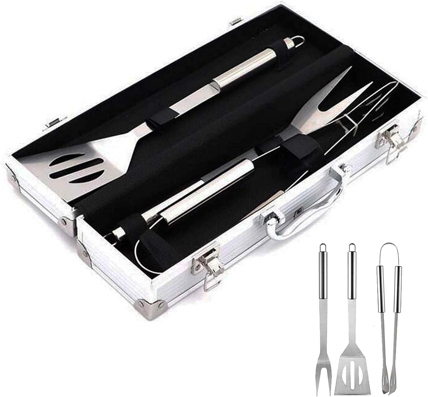 3Pcs BBQ Grill Cooking Utensils Tool Set Stainless Steel Barbeque Accessories -Tool Kit Tongs, Spatula Meat Fork with Portable Case for Cooking, Backyard Barbecue, Outdoo