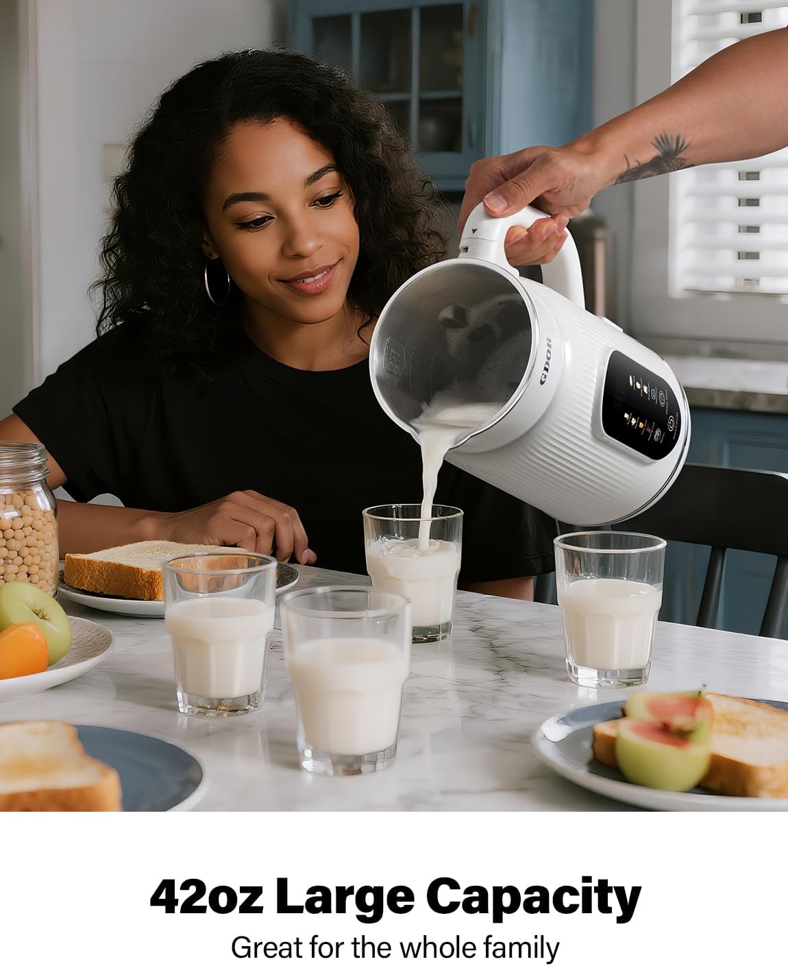 GDOR 42oz Smart Nut Milk Maker, 9-in-1 Plant Milk Machine for Almond, Oat, Soy, Juice & Smoothie, Large Touch Display Blender with Keep Warm, Boil Water, 12H Delay and Self-Cleaning
