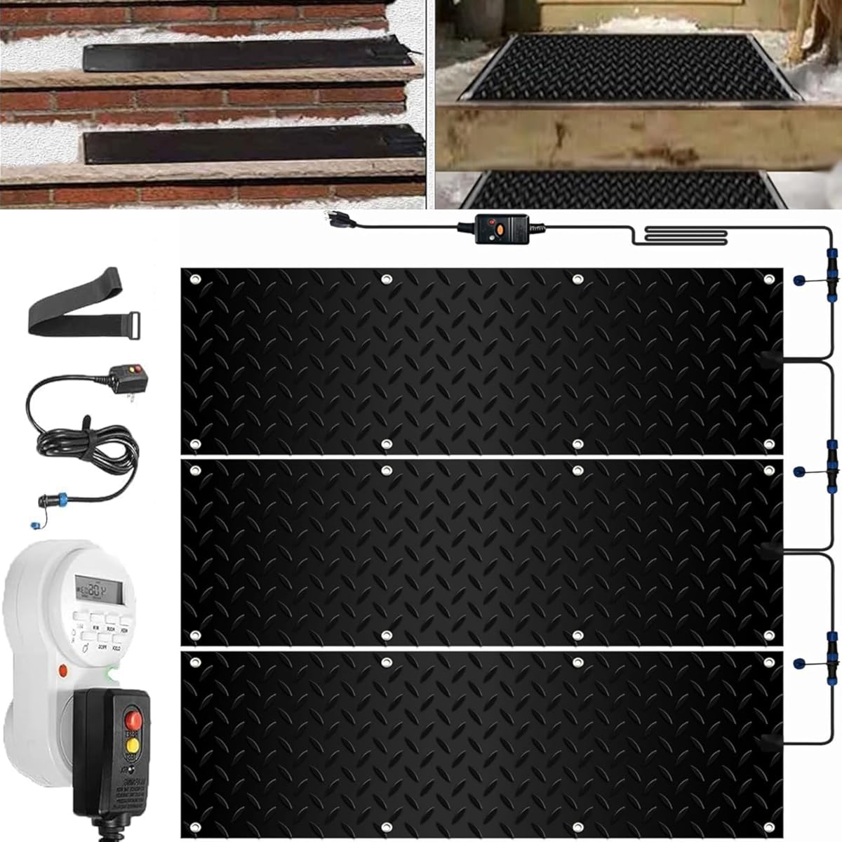 Snow Melting Mat with Timer, Non-Slip Stairs Heated Outdoor Mats 300W, Melting Pad with Power Cord for Winter Stairs, Steps,Doorway, Sidewalk, Garages, Decks(3 Pcs-10x48in/(25.4x121.9 cm))