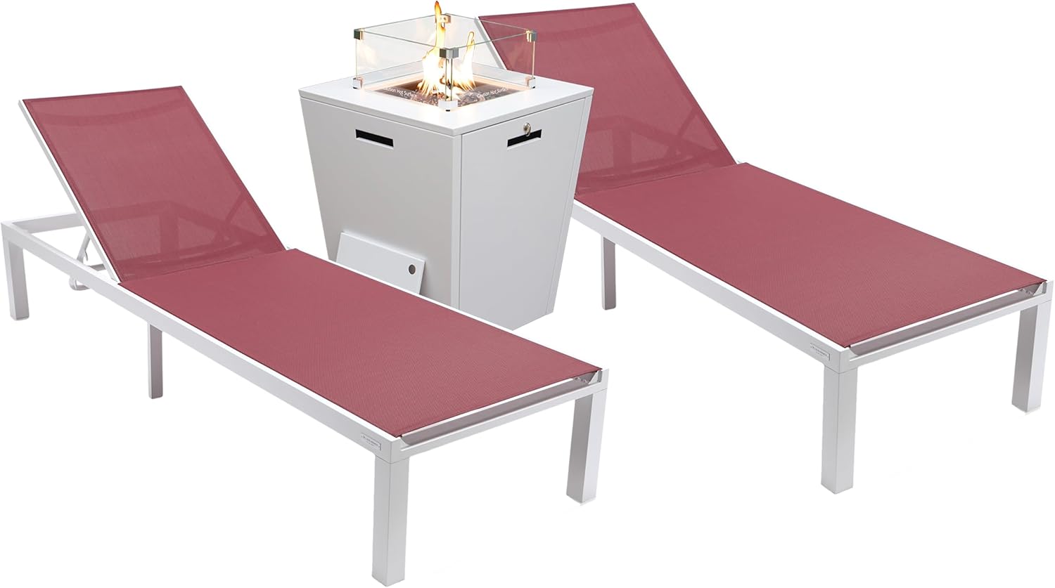 LeisureMod Marlin Modern White Aluminum Outdoor Patio Chaise Lounge Chair with Square Fire Pit Side Table Set of 2 Perfect for Patio, Lawn, and Garden (Burgundy)