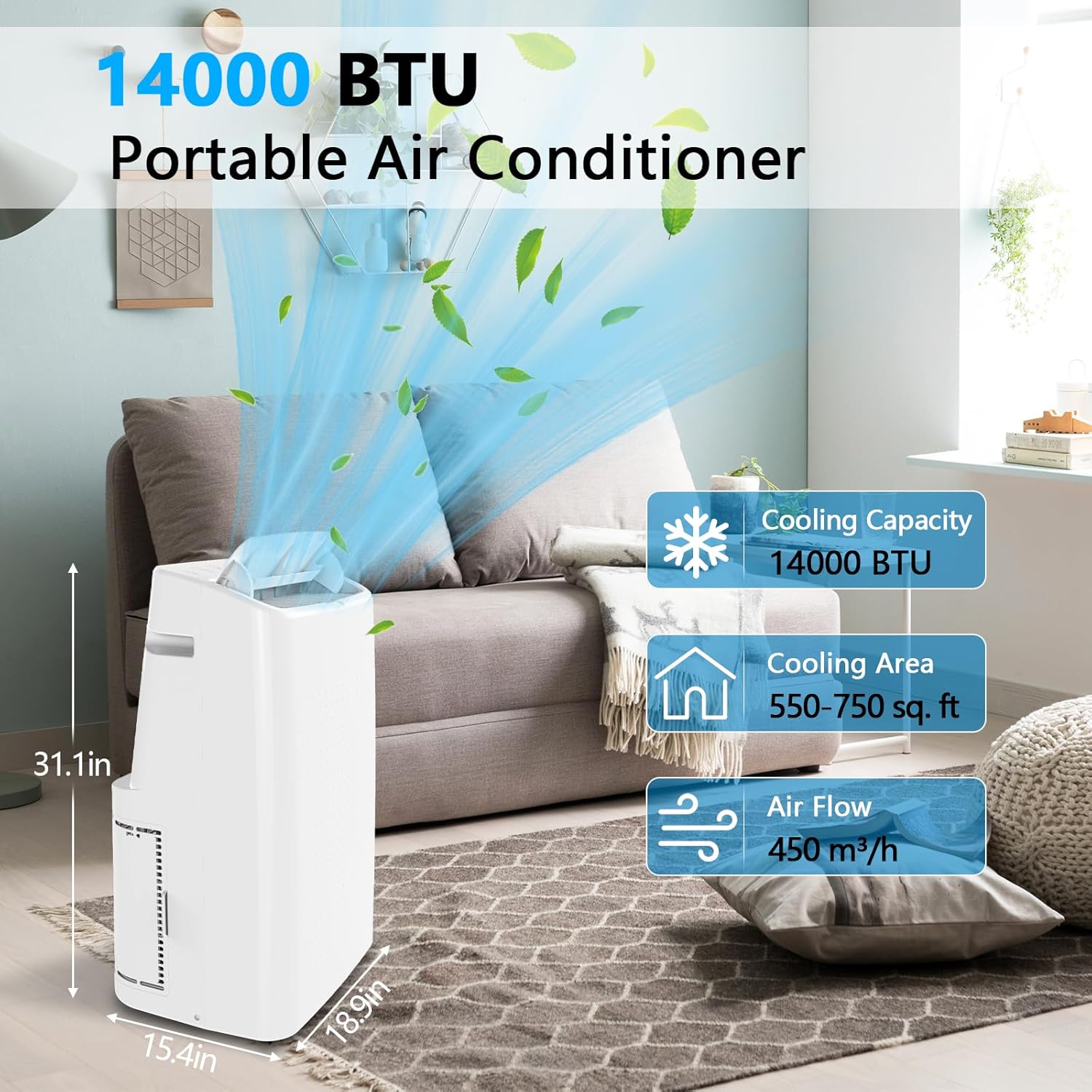 Portable Air Conditioners 14000 BTU 3-IN-1 Freestanding AC Unit, Cools Up to 750 Sq.Ft, Fan/Dehumidifier/Cooling Modes, with Remote Control, Smart and Sleep Mode, 24H Timer, Auto Swing, Window Ki