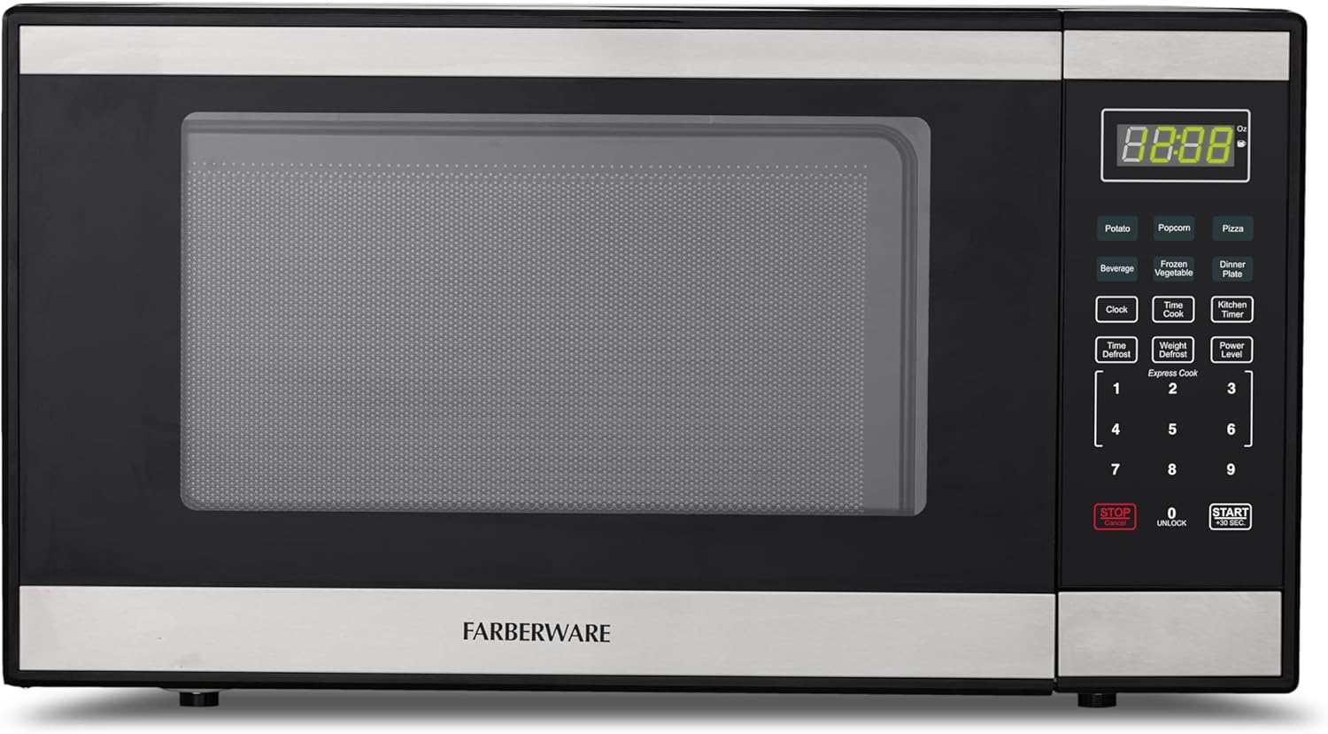 Farberware 1.1 Cu. Ft. Countertop Microwave Oven – 1000 Watts Power, Auto Cook Settings, Defrost, Easy Clean and Child Safety Lock - Stainless and Black