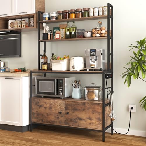 5-Tier Kitchen Baker’s Rack with Power Outlet,Large Bakers Rack with Storage Cabinet, Heavy Duty Oven Stand Microwave ,Free Standing Kitchen Utility Shelf with Storage,Shelf Organizer with Hooks