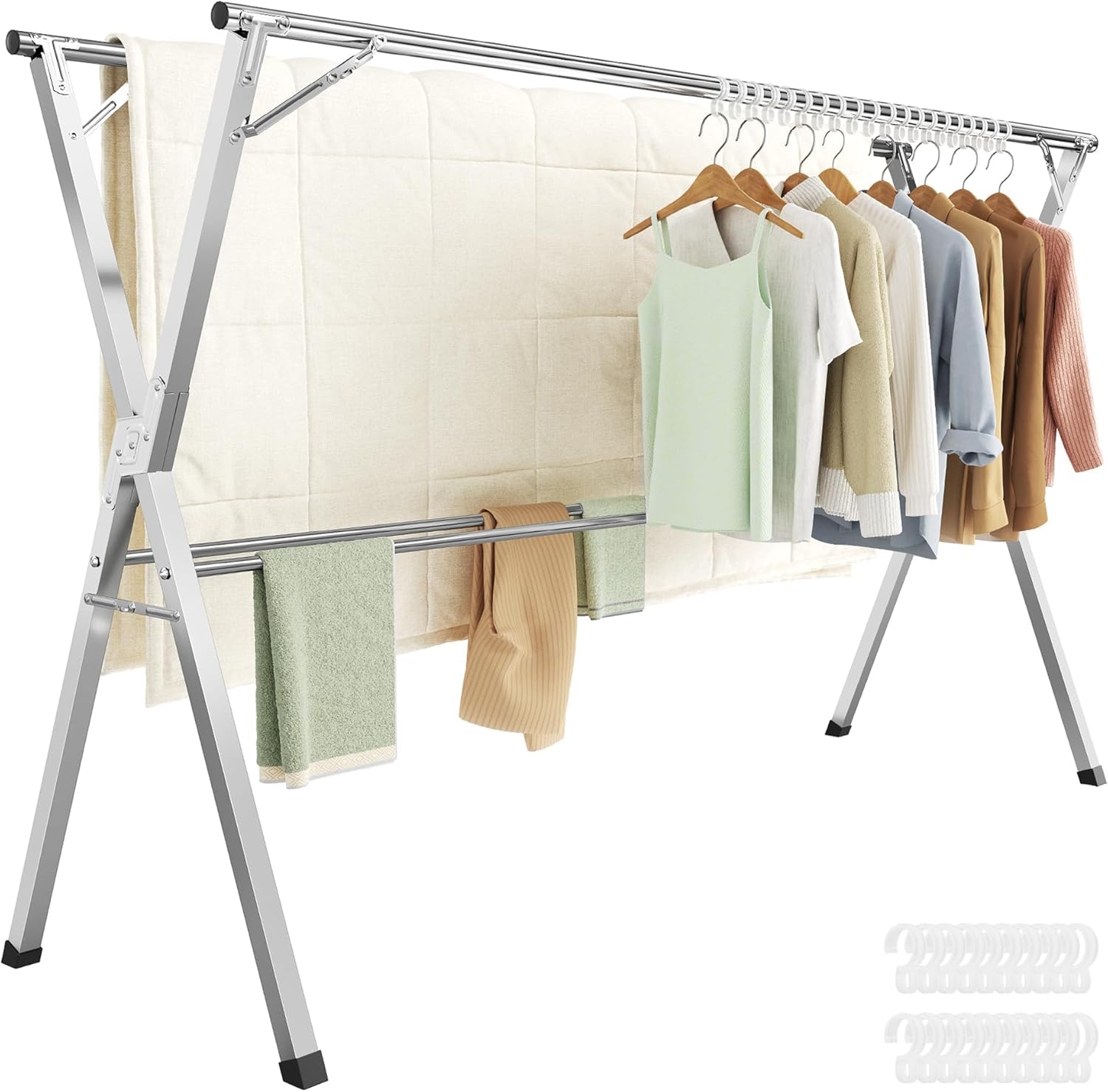 SONGMICS Clothes Drying Rack, Heavy-Duty Laundry Drying Rack, 52.4-78.7 Inches Extendable, Foldable Freestanding Airer, Stainless Steel, for Indoor Outdoor Use, Dove Gray ULLR902E01