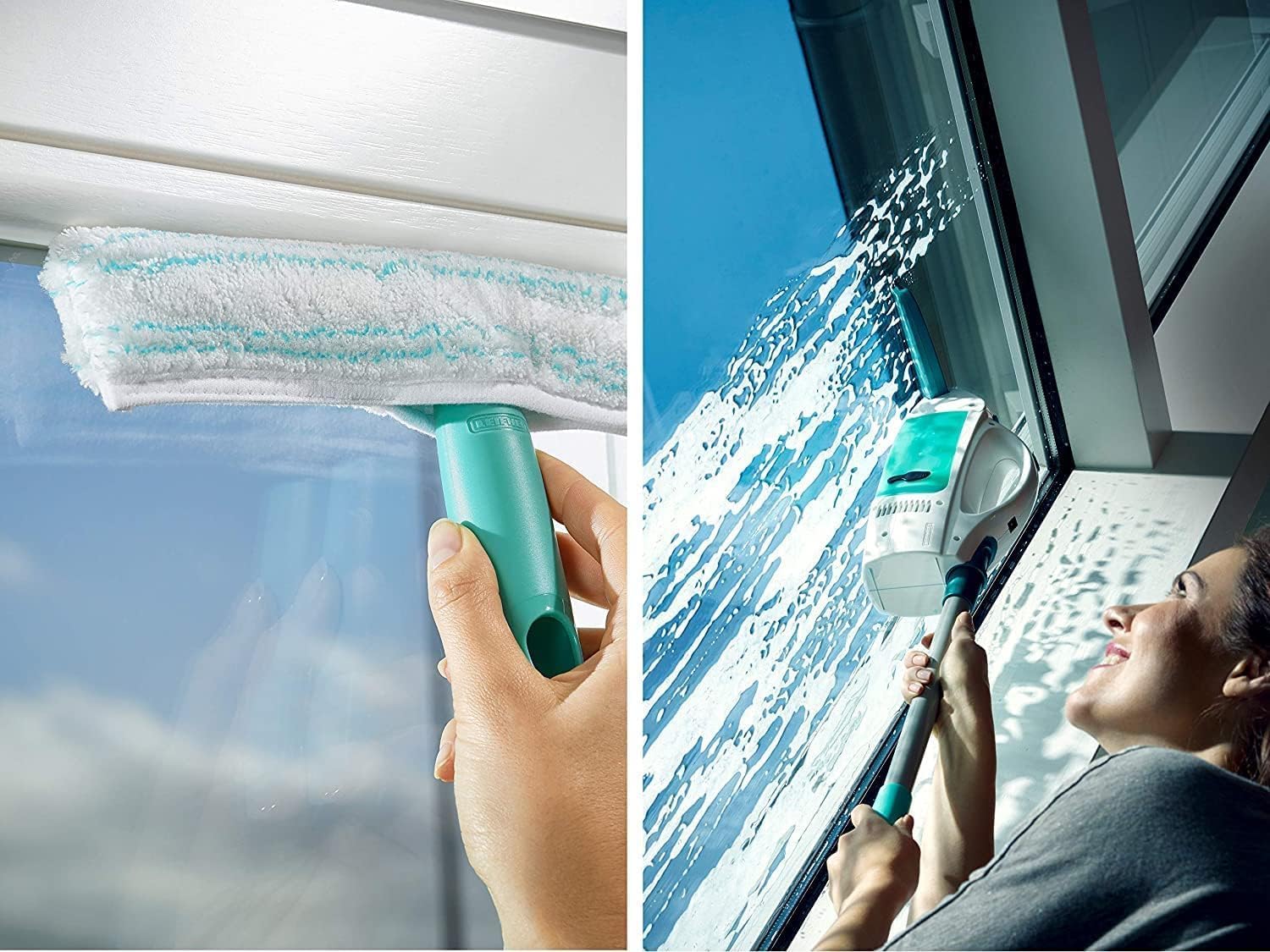 Leifheit Window Vacuum Cleaner Dry&Clean, Modular with Unique Handle System and Intelligent Standby, Window Cleaner, Battery-Powered, White Blue