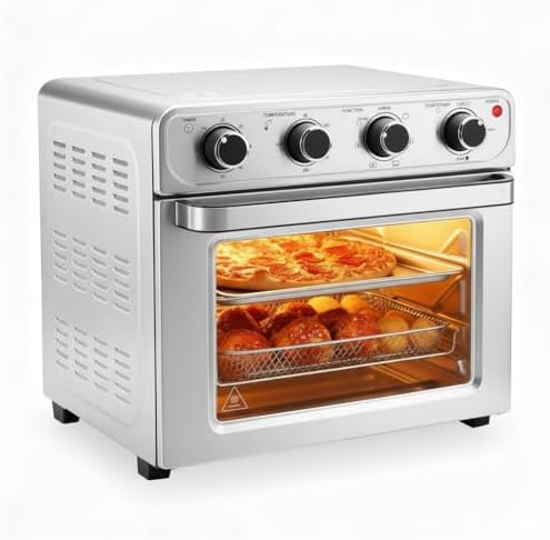 Simple Deluxe 26.4QT XL Air Fryer Toaster Oven Combo, 4-in-1 Countertop Convection Oven with Double Fan Technology, Includes Baking Pan & Fry Basket, Stainless Steel