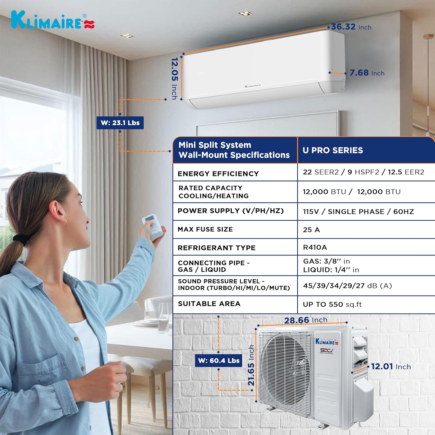 Klimaire 12,000 BTU 22 SEER2 Wall Mounted Ductless Mini Split Inverter A/C Heat Pump System w/ 16’ Installation Kit & Wall Mounting Bracket 115V