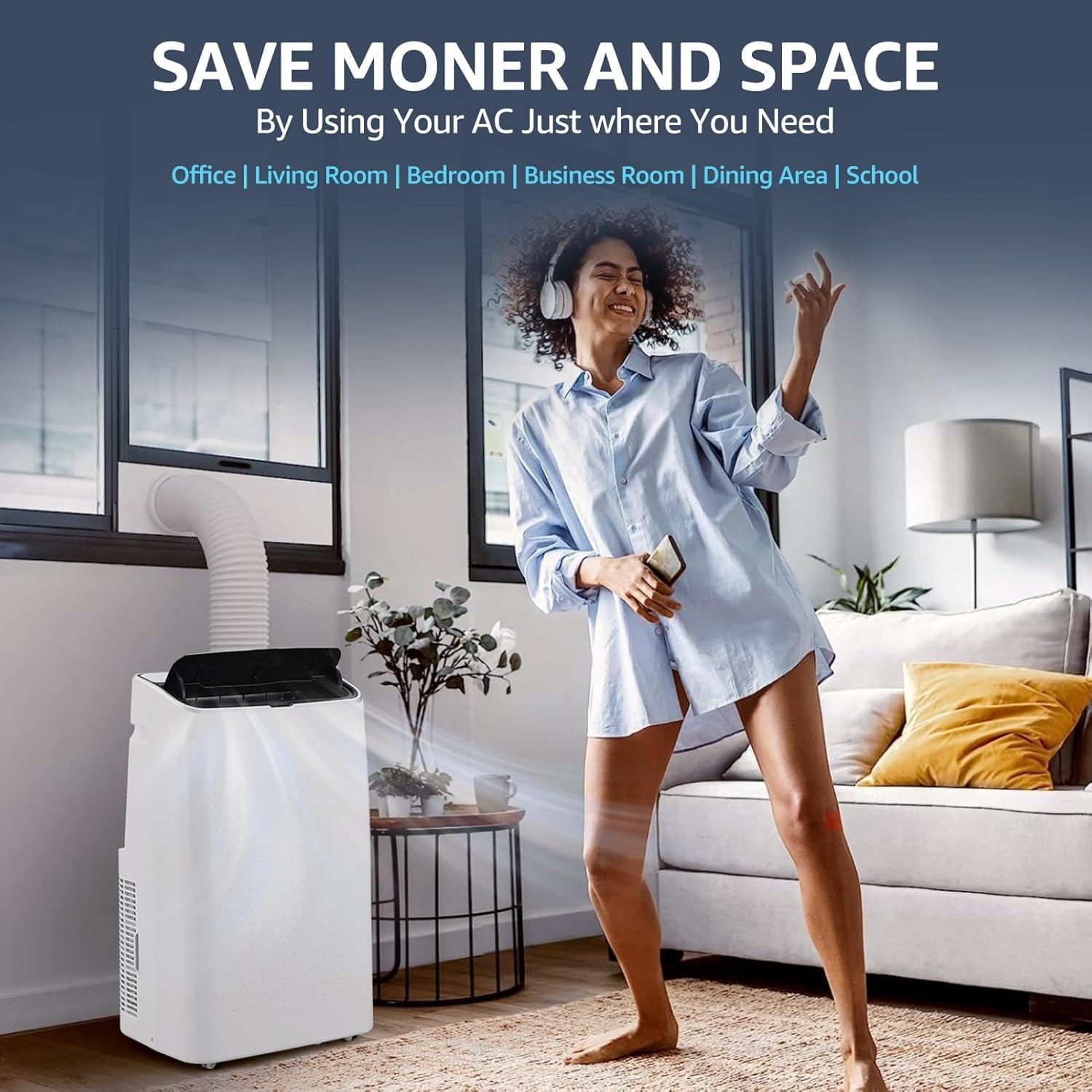 14,000 BTUs Portable Air Conditioner with 3-in-1 Room AC Unit for 750 Sq.Ft, 50dB Ultra Quiet, Window Kits Included Drainage Pipe & Remote Control, White