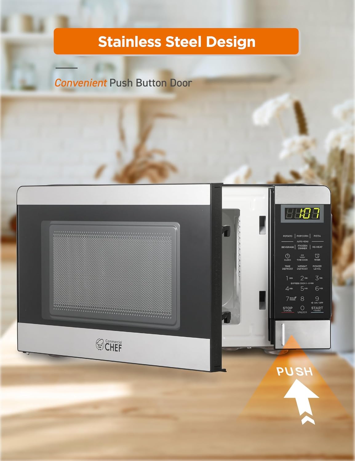 COMMERCIAL CHEF 0.7 Cubic Foot Microwave with 10 Power Levels, Small Microwave with Push Button, 700W Countertop up to 99 Minute Timer and Digital Display, Stainless Steel