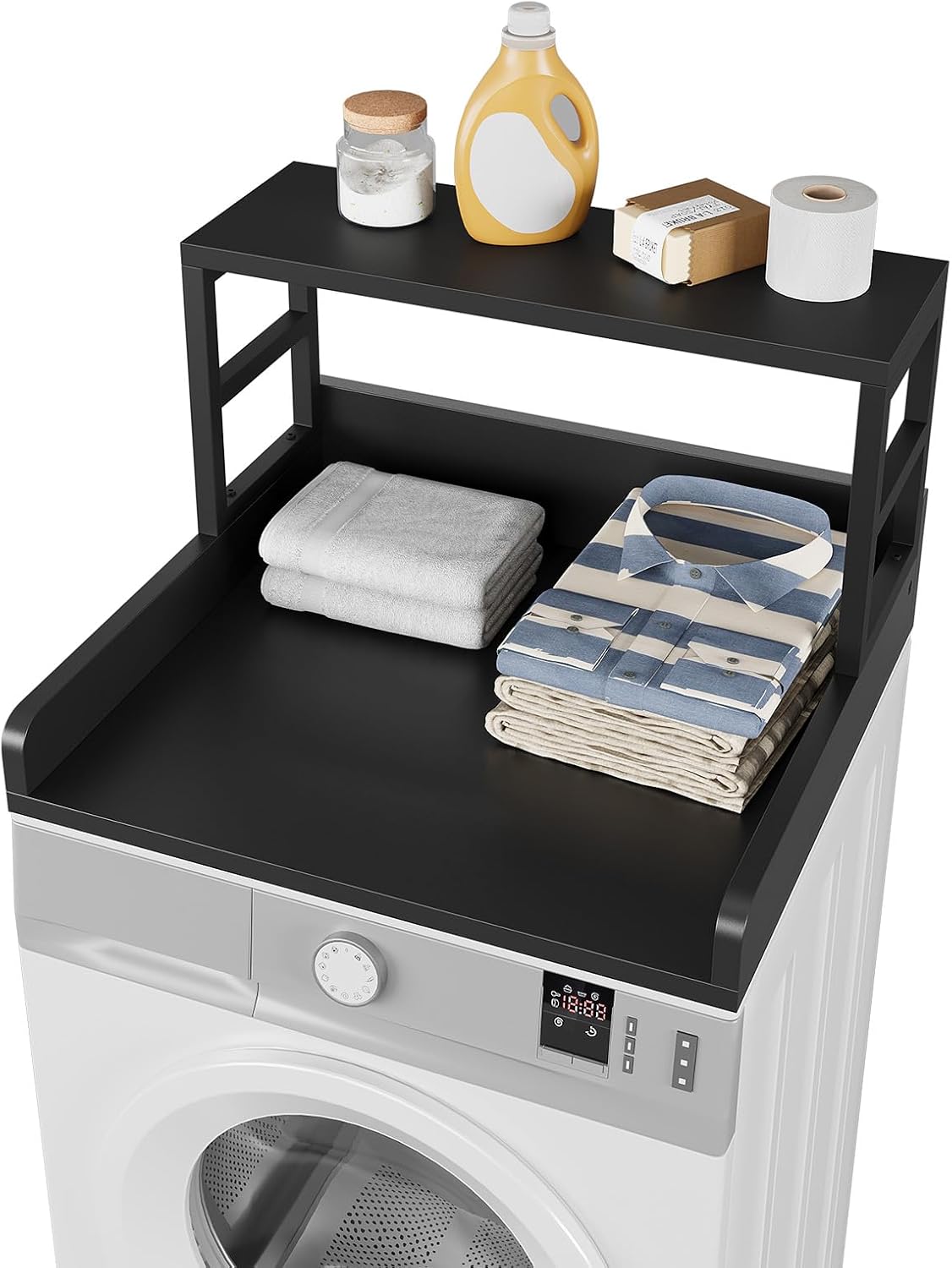 Washer Dryer Countertop with Shelf, 23.62″D x 23.62″W x 16.57″H, Countertop for Washer and Dryer Top with Non-Slip Pads and Edge Rails, Laundry Room Storage and Organization(Black)