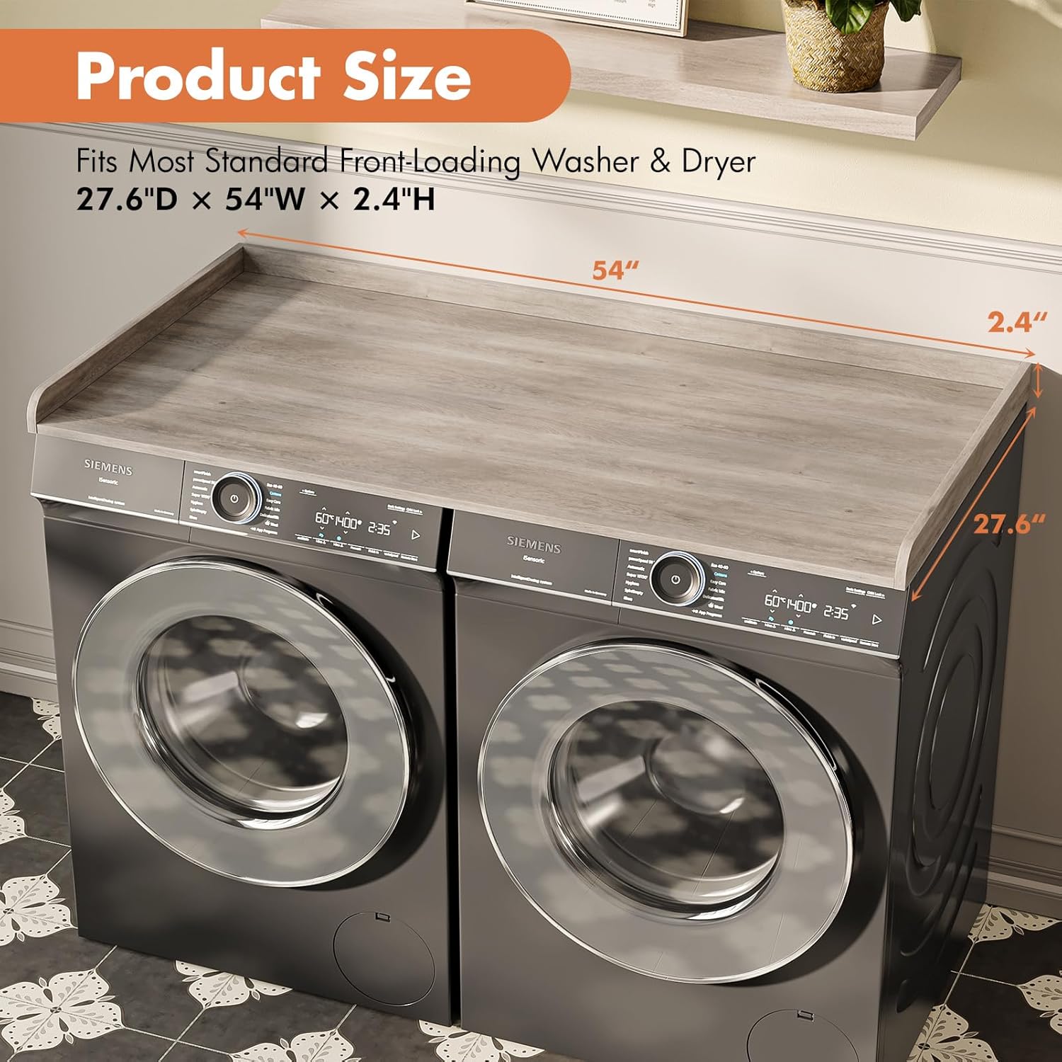 Premium Washer Dryer Countertop with Anti-Slip Pad, 54inch Laundry Room Organization Set, Stackable Storage Solution with Silicone Ironing Mat, Diatomite Mat(Gray)