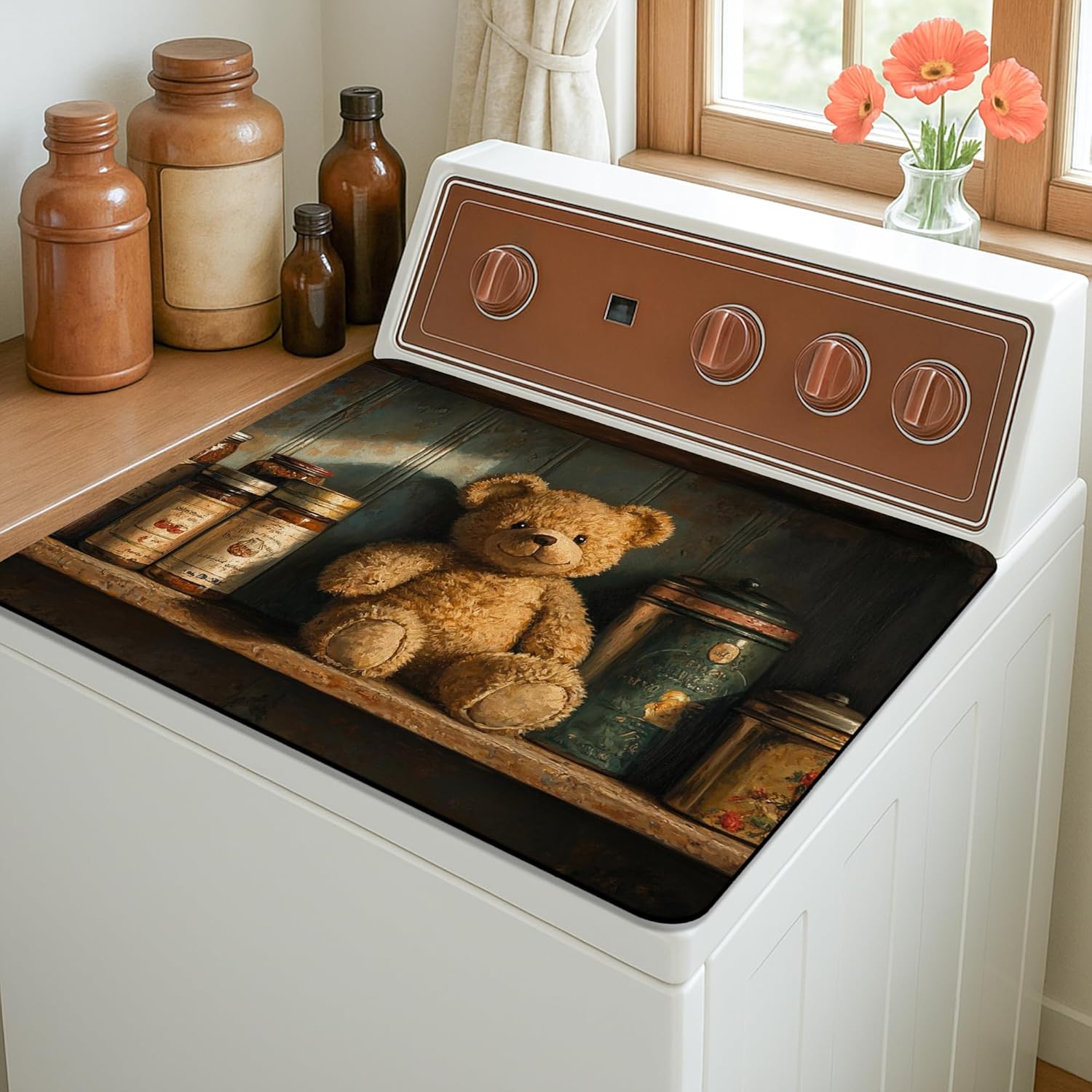 Vintage Bear Washer Dryer Top Protector Mat, Rustic Bear Laundry Machine Dust Cover, Soft Anti-slip Waterproof Mats for Laundry Room 20x24 Inch