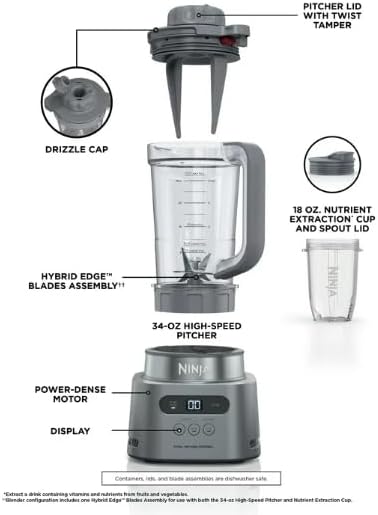 Ninja TWISTi Blender DUO (SS150), High-Speed 1500 W, Smoothie Maker & Nutrient Extractor, 3 Functions Smoothie, Frozen Drinks & Bowls, smartTORQUE, 34-oz. Pitcher & 18-oz. To-Go Cup, Cloud Silver (Renewed)