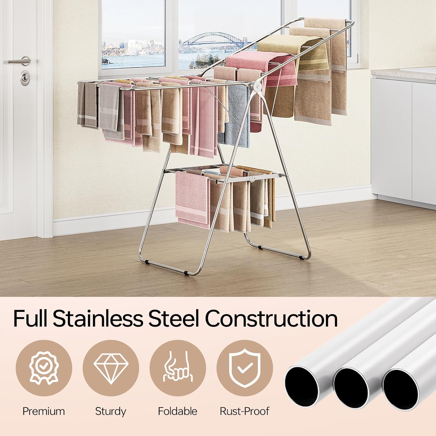 APEXCHASER Clothes Drying Rack Folding - Stainless Steel Drying Rack Clothing Height-Adjustable, Foldable Laundry Rack, Space-Saving, Collapsible for Indoor Outdoor Use for Clothe, Towels, Chrome