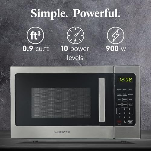 Farberware 0.9 Cu. Ft. Countertop Microwave Oven – 900 Watts Power, Auto Cook Settings, Defrost, Easy Clean and Child Safety Lock - Stainless Steel