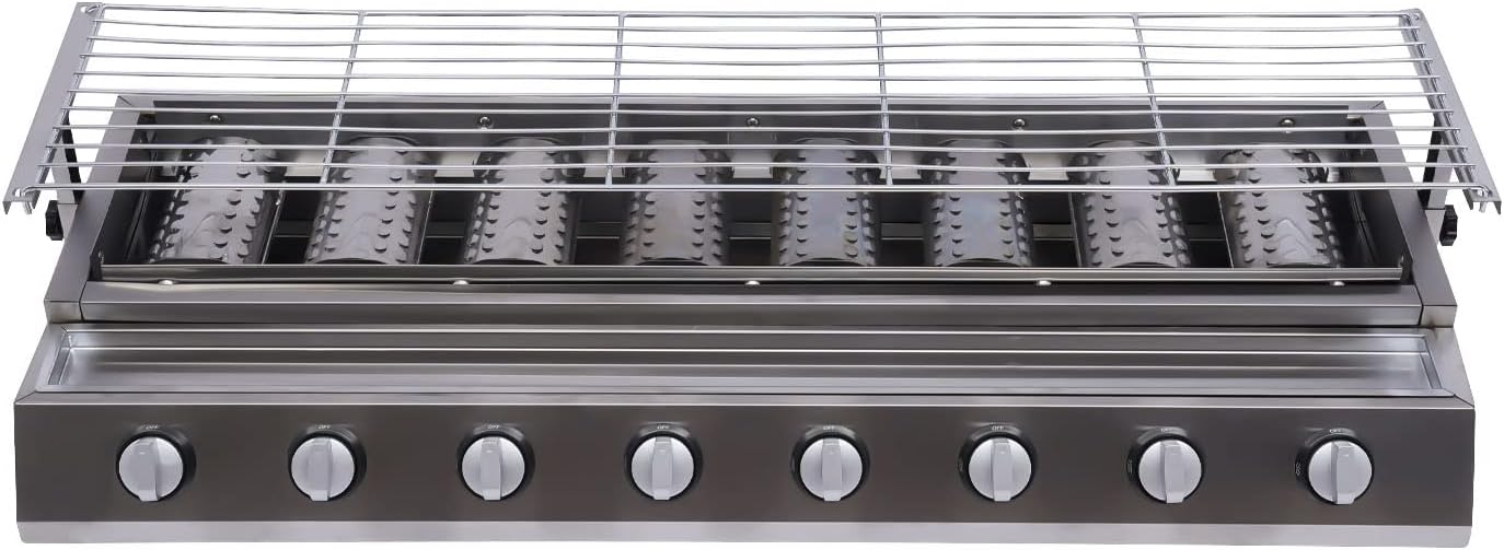 Commercial Barbecue Grill, 8 Burner Gas Countertop Griddle Stainless Steel LPG Gas Grill Patio Garden Barbecue Grill Adjustable Height Gas BBQ Grill with Removable Grill Net for Camping Picnics