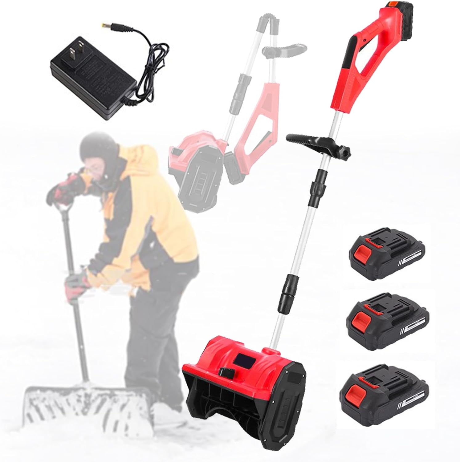 Cordless Snow Shovel, Battery Powered Wireless Brushless Snow Blower, Foldable Push Snow Sweeper with Telescopic Pole, Adjustable Direction & 3 Battery,Red