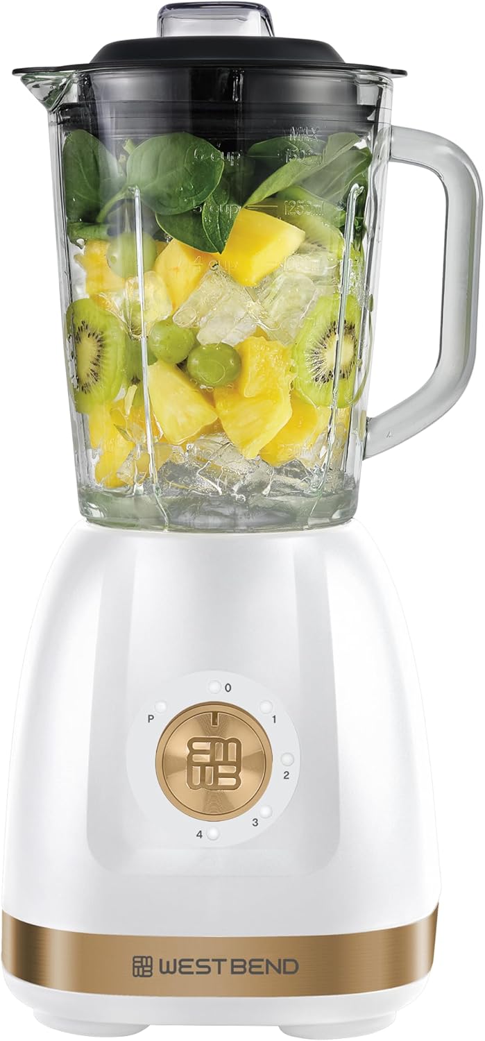 West Bend Timeless 5-Speed Multi-Function Blender, 48 oz Glass Jar with 20 oz Travel Cup, LED Controls, White/Gold