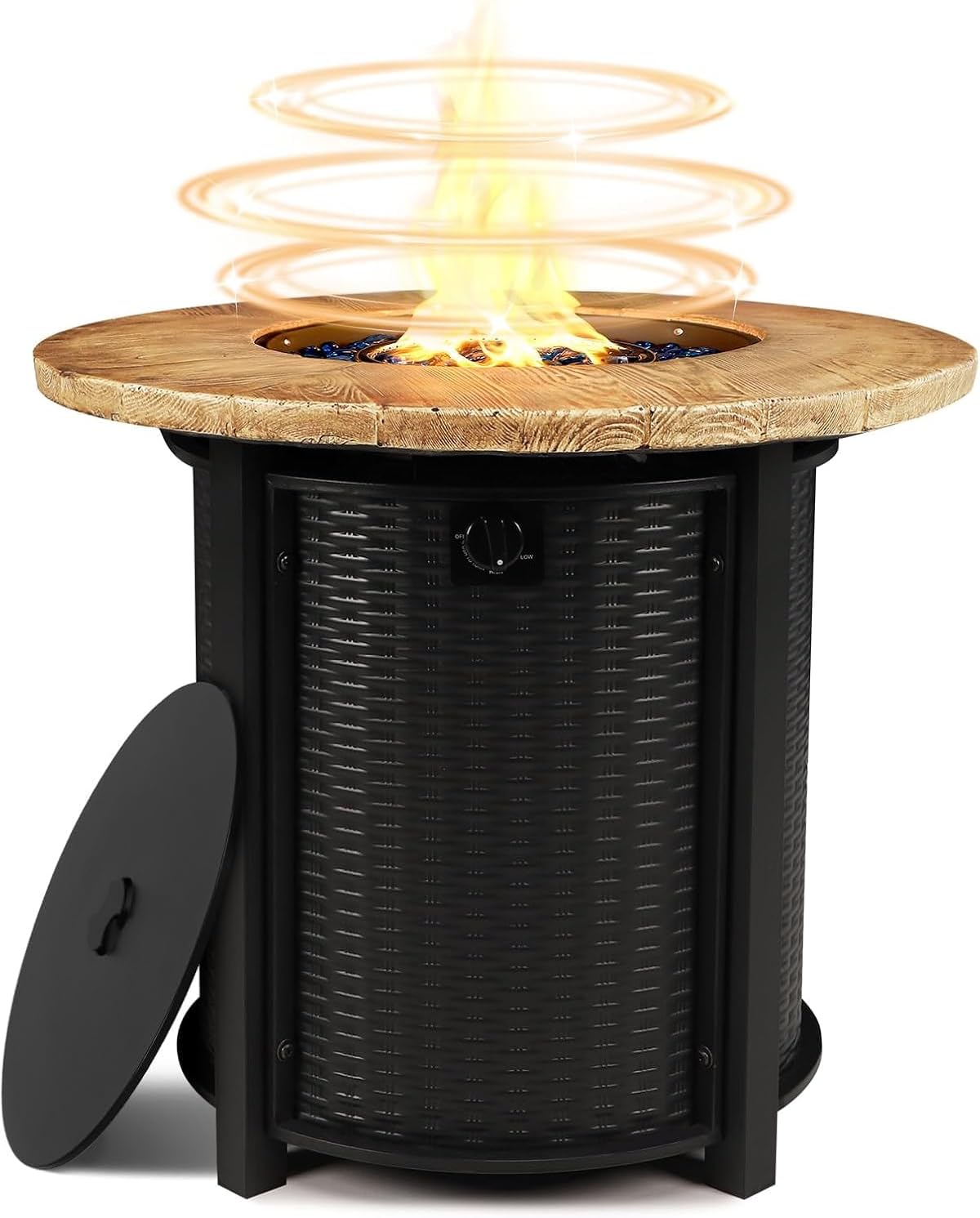 30 Inch Round Propane Fire Pit Table,50,000 BTU Iron Gas Fire Pit with Lid,Ignition Systems,w/Glass Stones and Rain Cover,Outdoor Firepit Table for Patio & Deck