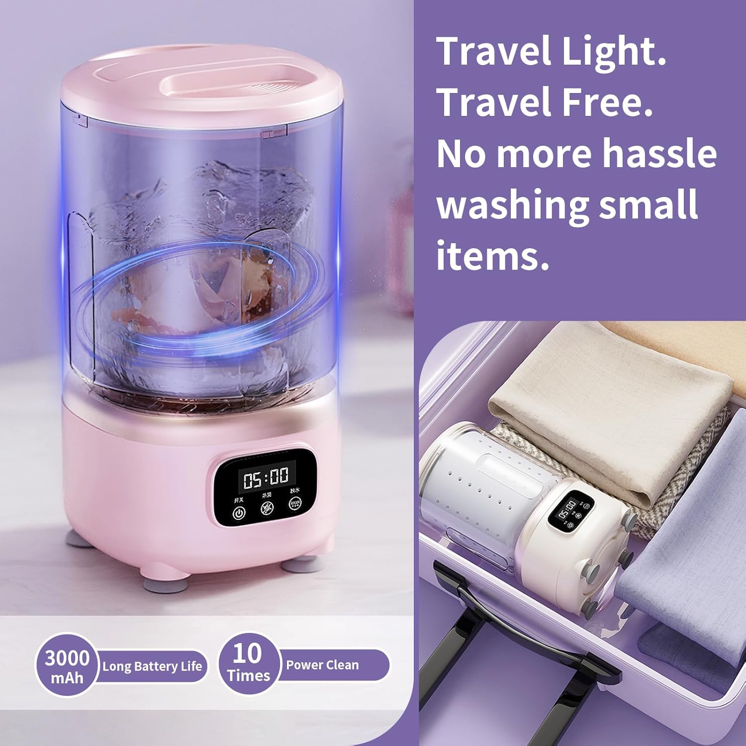 2-in-1 Underwear Washing Machine & Power Spin Dryer, BPA-free Portable Mini Washer, 2L Small Capacity for Socks, Baby Clothes, Travel, Dorm, Apartment, RV, Camp & Countertop Use (Lavender Mist)