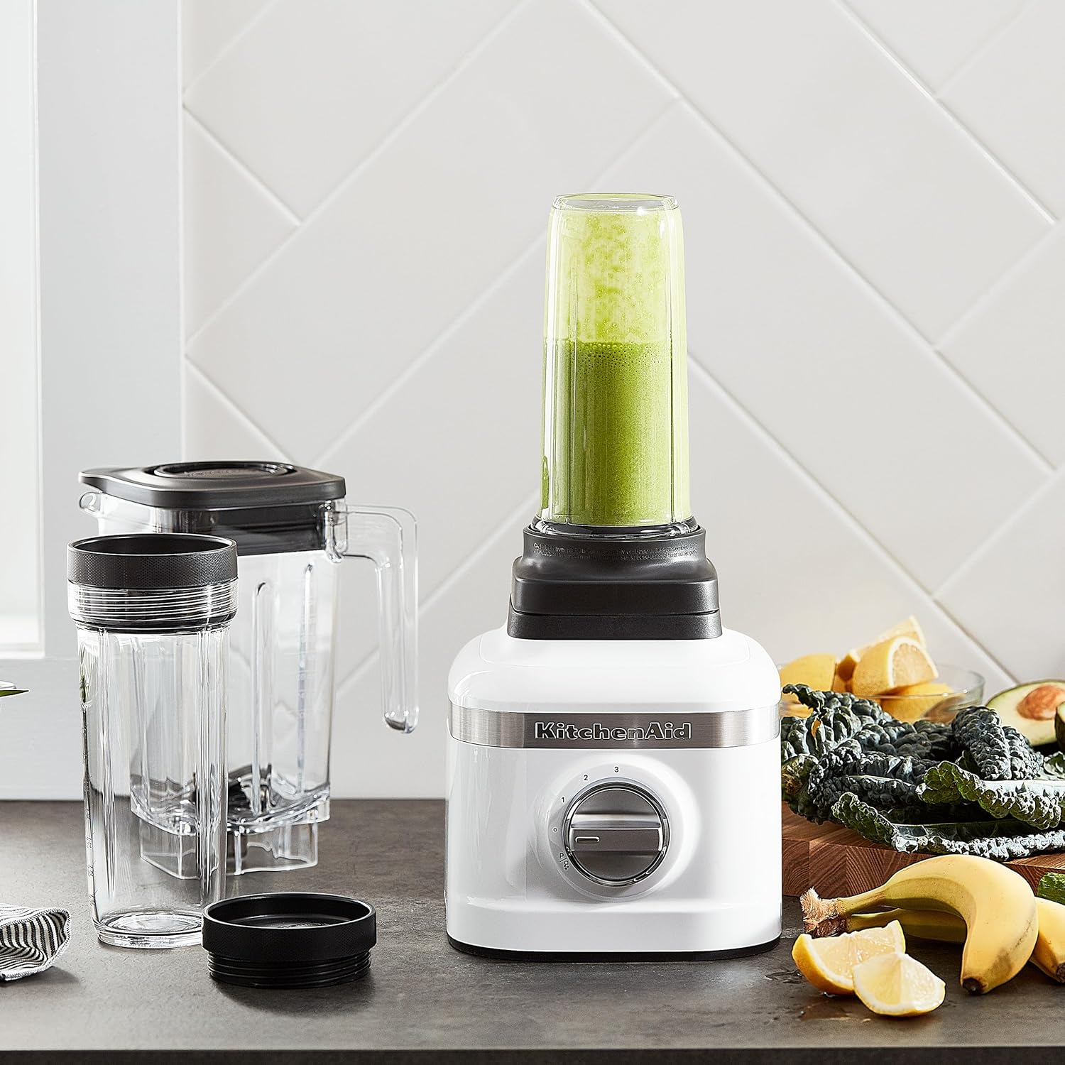 KitchenAid K150 3 Speed Ice Crushing Blender with 2 Personal Blender Jars - KSB1332Y - White