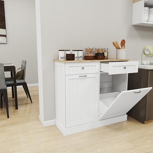 Ball & Cast Double Tilt Out Trash Cabinet, Multifunctional White Hidden Garbage Can Cabinet, Wooden Trash Can for Kitchen, Bathroom and Living Room