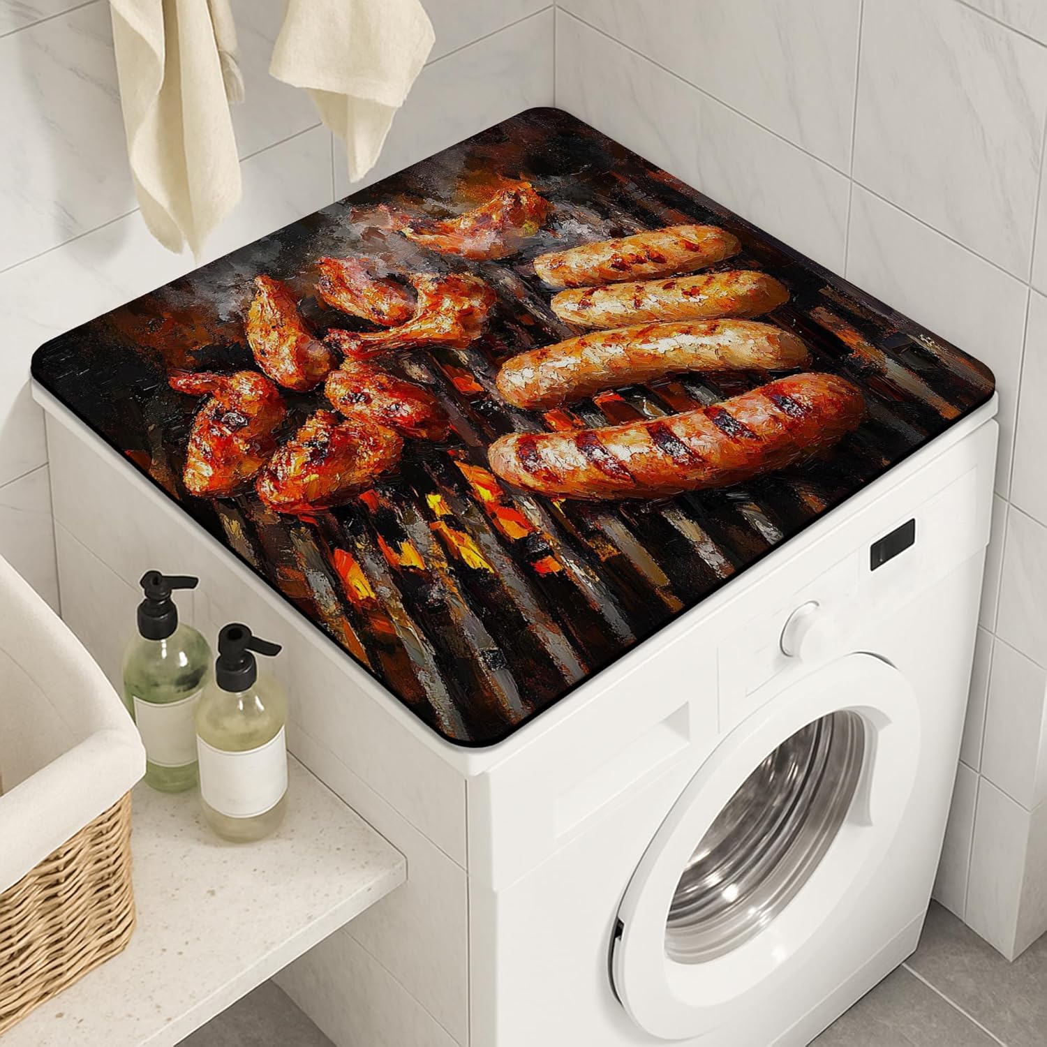 Barbecue Washer Dryer Top Protector Mat, Rustic Grill Pattern Laundry Machine Dust Cover, Summer Cooking Rubber Anti-slip Waterproof Washer And Dryer Mats for Laundry Room 24x24 Inch
