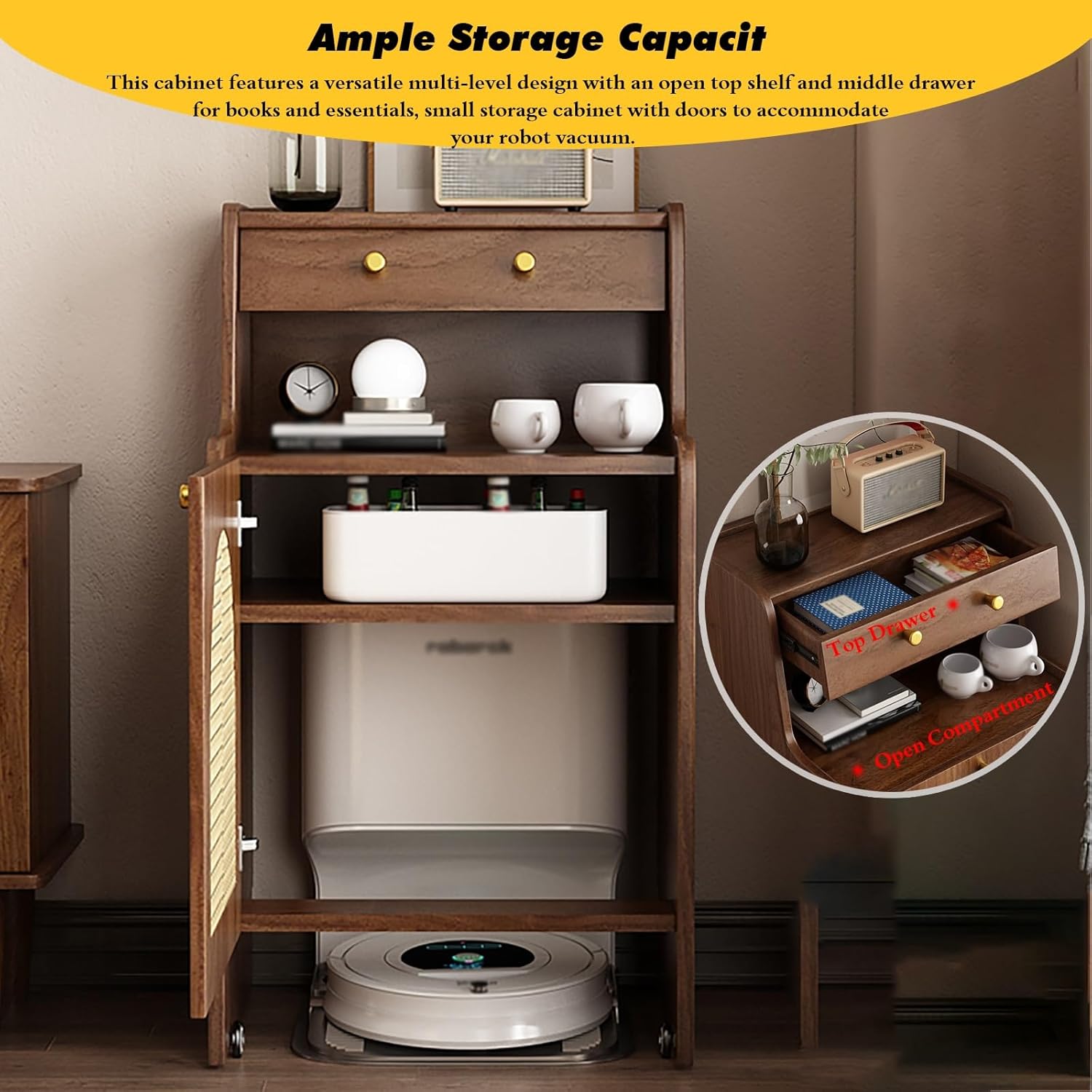 Rolling Smart Sweeper Hideaway Cabinet for Household, Retro Sturdy Sweeping Robot Storage Rack & Portable Sofa Side Table Nightstand Cart with Wheels, 90 Cm Tall Solid Wood Coffee Desk(Natural,50x45x9