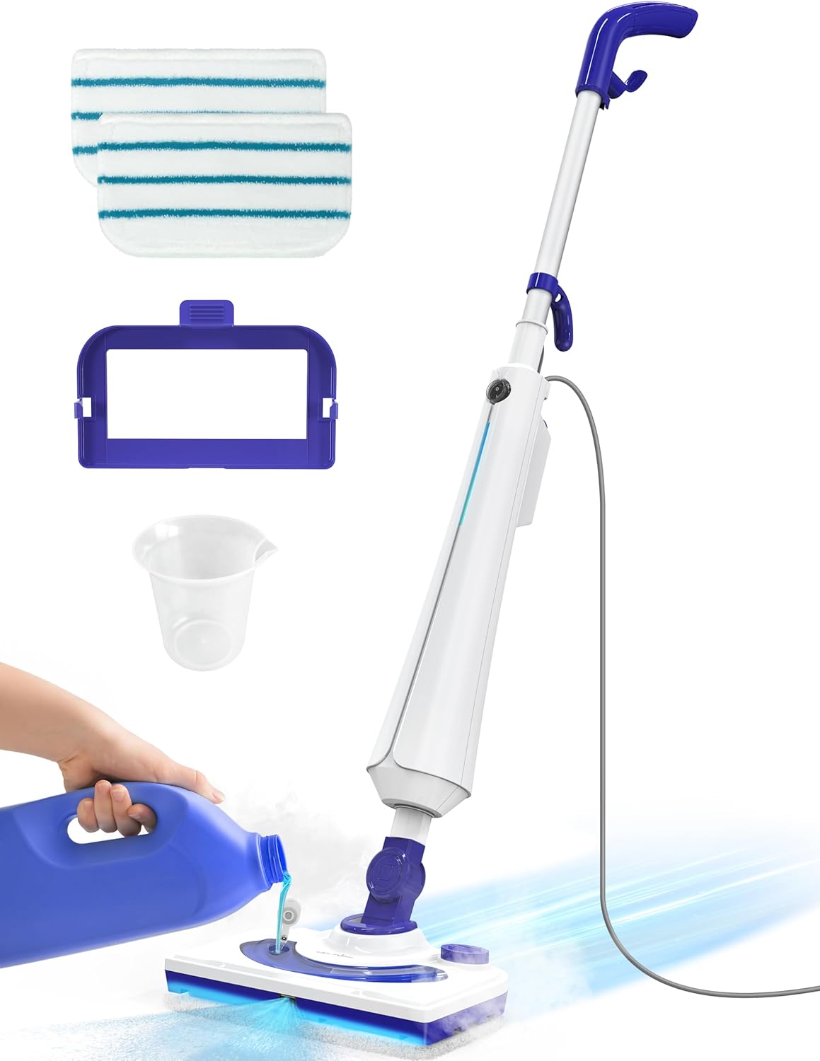 Professional Steam Mop Cleaner, 1300W Floor Steamer with Detergent Chamber, 25S Heat Up, Lightweight Steamer for Cleaning with 2 Washable Pads, Safe for Tiles, Upholstery, Carpet, Hardwood, Sapphire