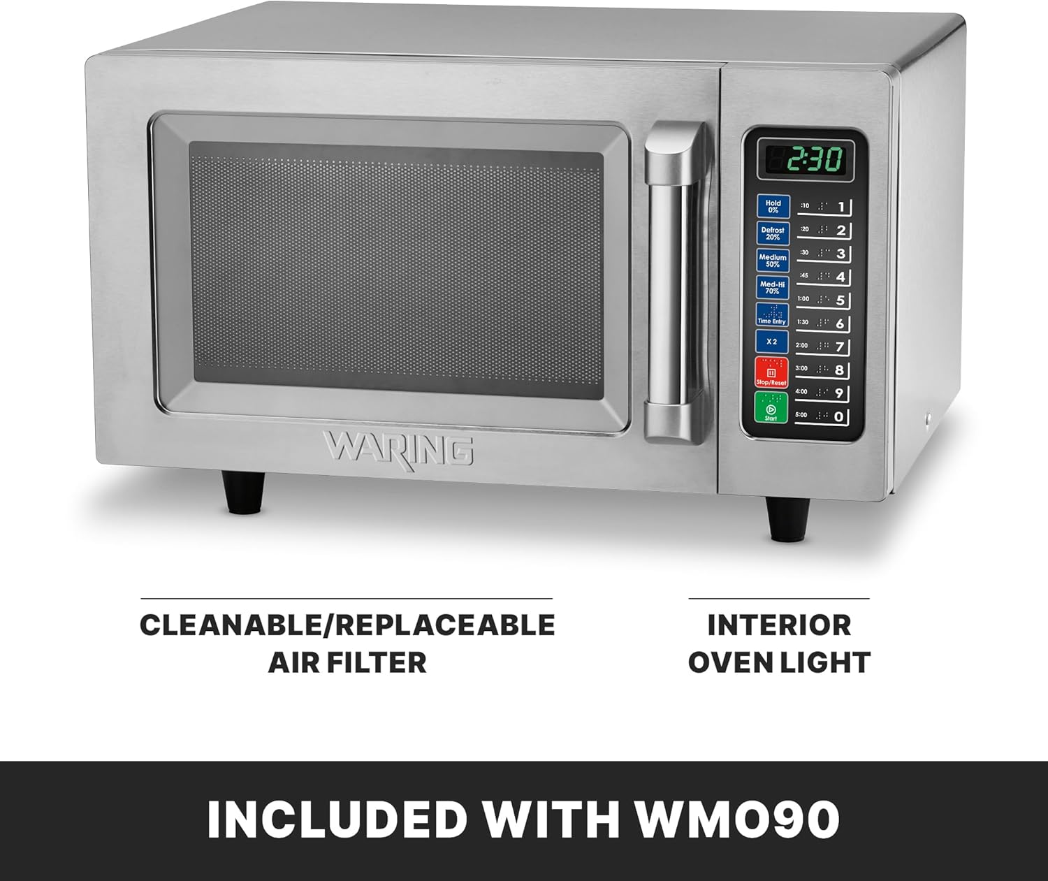 Waring Commercial WMO90 Medium Duty Microwave Oven, 0.9 Cubic Feet, 10 Programmable Memory Settings, 5 Power Levels, Stainless Steel Construction, 120V, 1000W, 5-15 Phase Plug