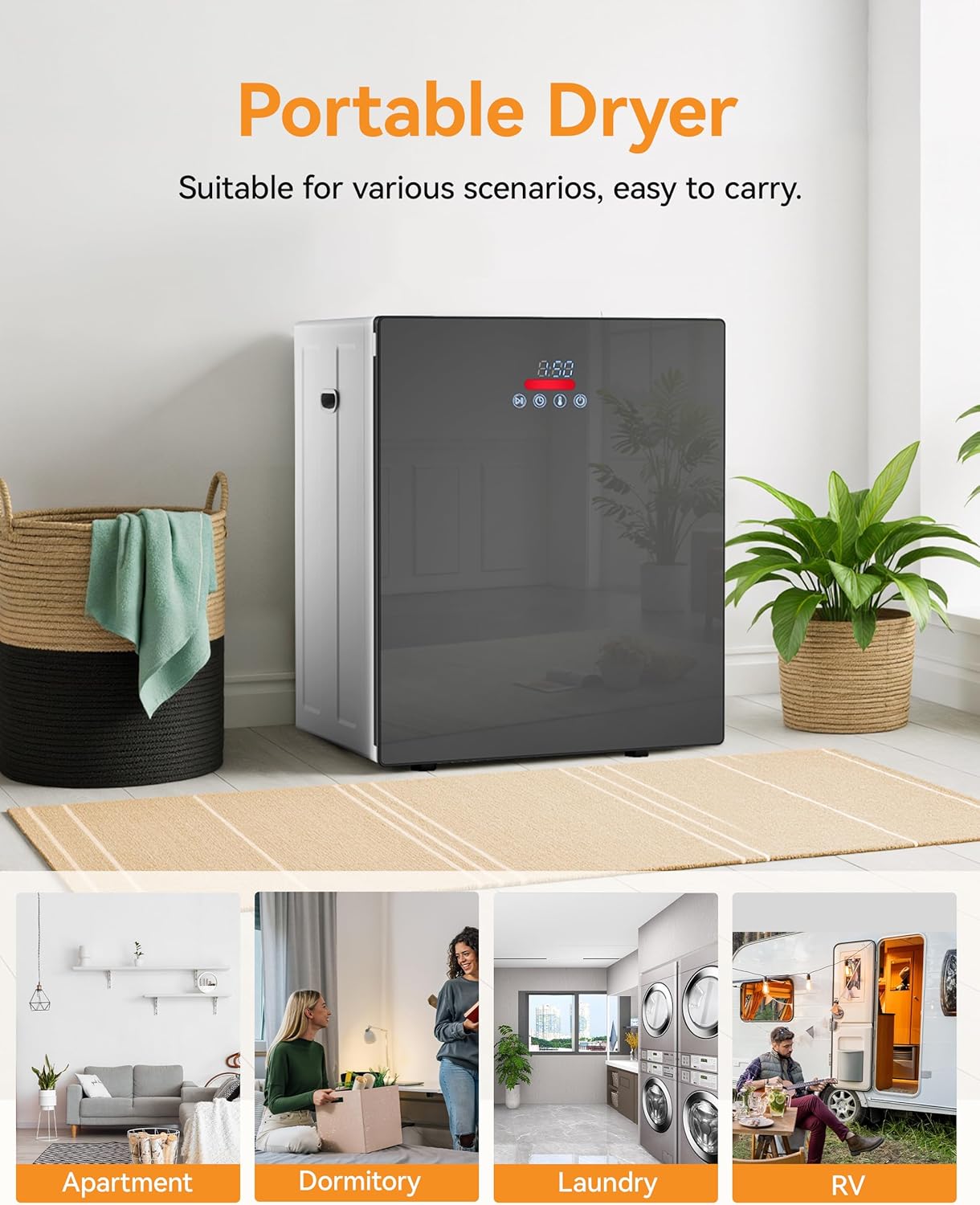 8.8 LBS Portable Dryer, 850W Clothes Dryer with 4 Modes, LCD Panel Control, 1.5 Cu.Ft Drying Machine for Apartment, Dorm, RV, Mirror Appearance, Black&White