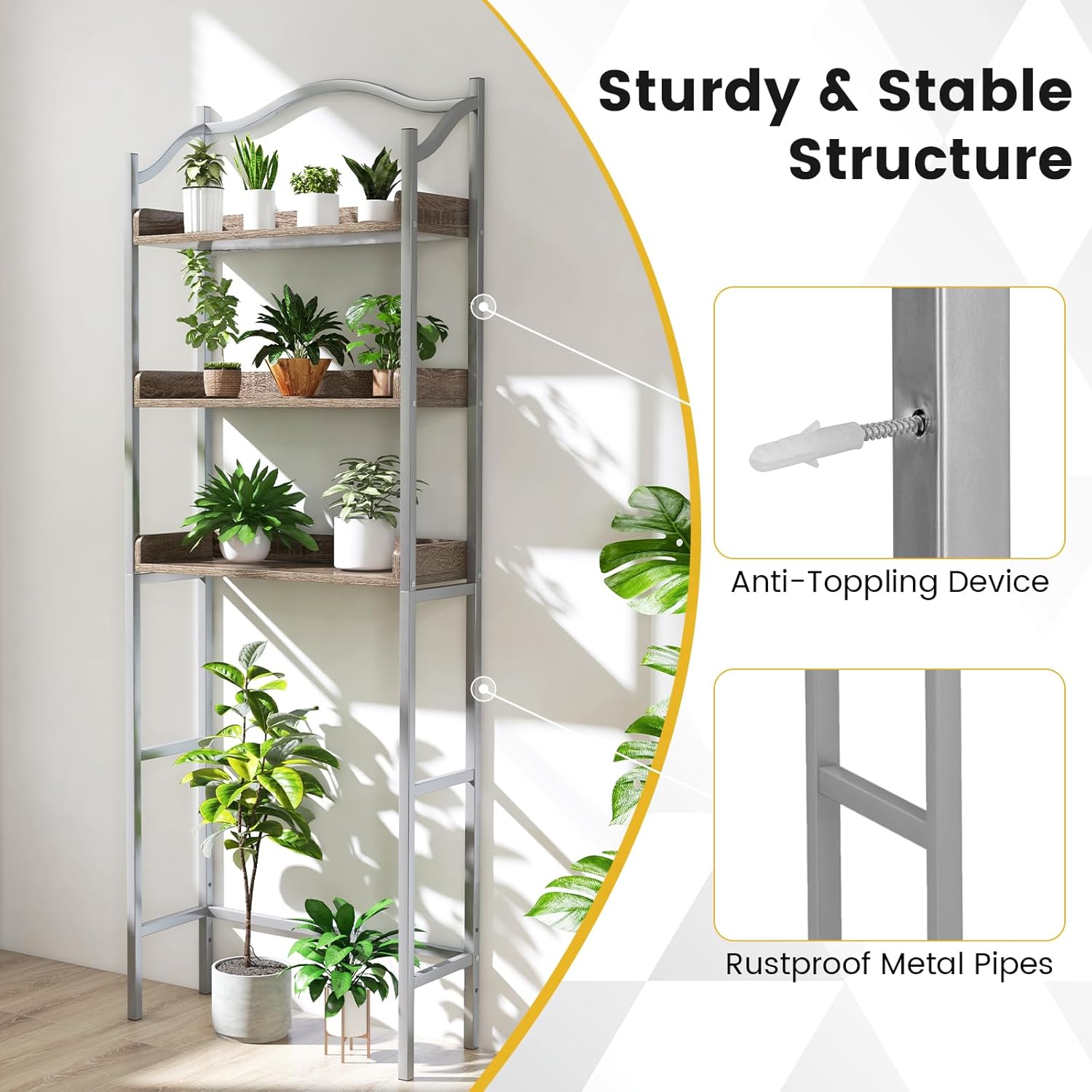 Giantex 3-Tier Over-The-Toilet Rack, Freestanding Bathroom Space Saver W/ 3 Open Shelves & Sturdy Metal Frame, Mid-Century Storage Rack for Bathroom, Laundry Room, Easy Assembly (Sliver)