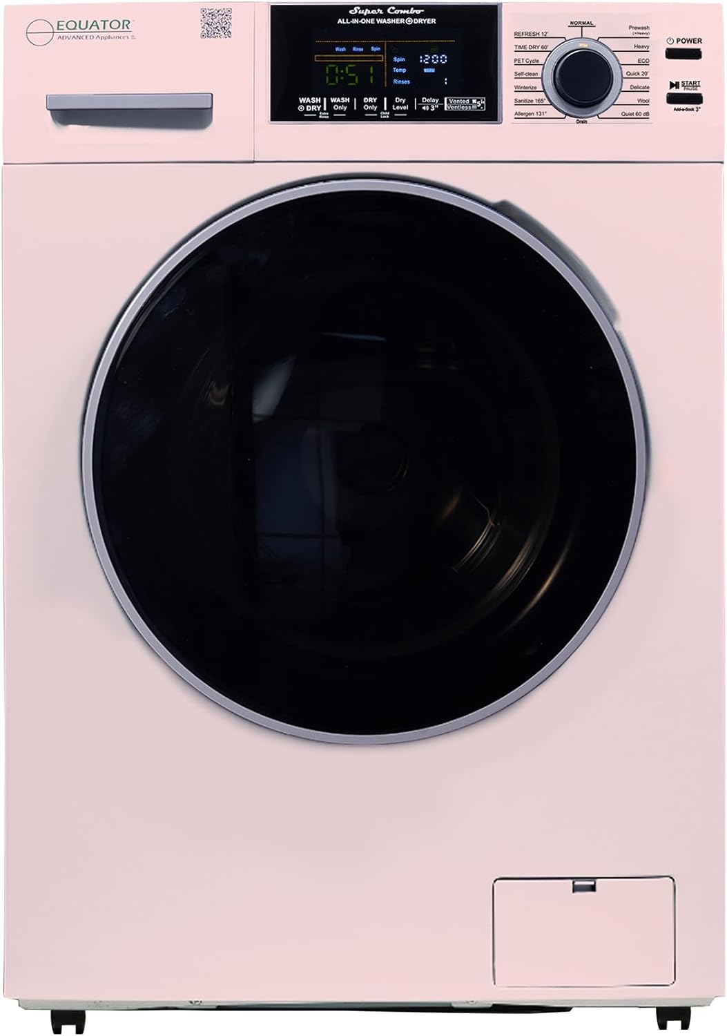 Equator All-in-One Washer Dryer VENTLESS/VENTED PET cycle 1.62cf/15lbs+Portability Kit in White (Pink)
