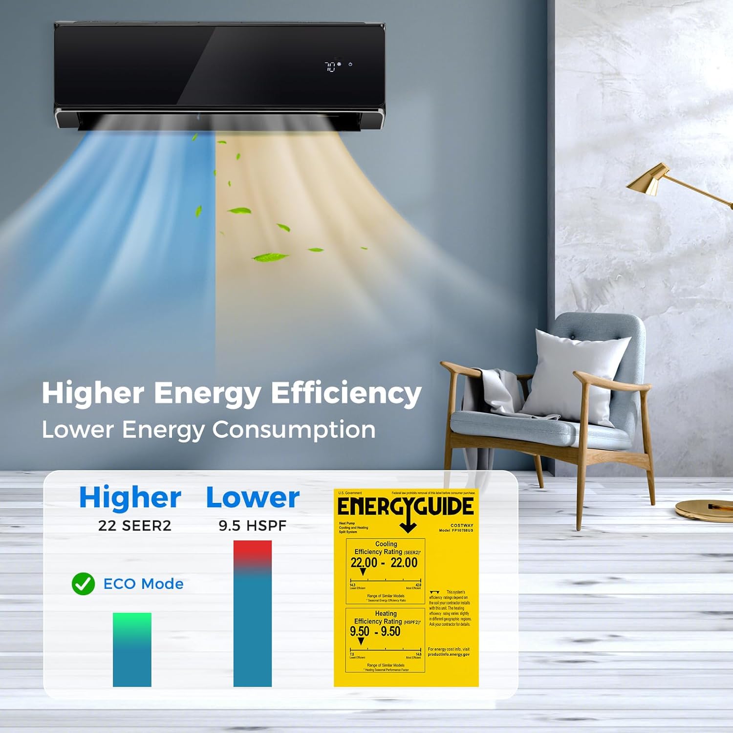 KOTEK 12000 BTU Mini Split AC/Heating System, 22 SEER2 Split Air Conditioner w/Heat Pump, Inverter Compressor & Installation Kit, WIFI Enabled, Cools Up to 750 Sq.Ft, Compatible with Alexa, 208-230V