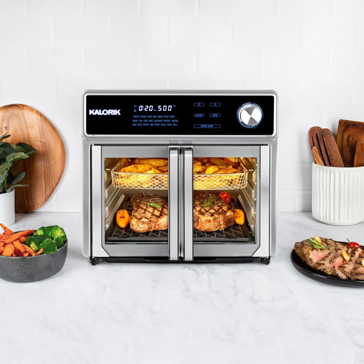 Kalorik Air Fryer Oven Grill MAXX Series 26-Quart with Smokeless Sear Technology Digital Controls Easy-View Door and 22 Smart Cooking Presets, Includes Cooking Accessories, 1700-Watts, Stainless Steel
