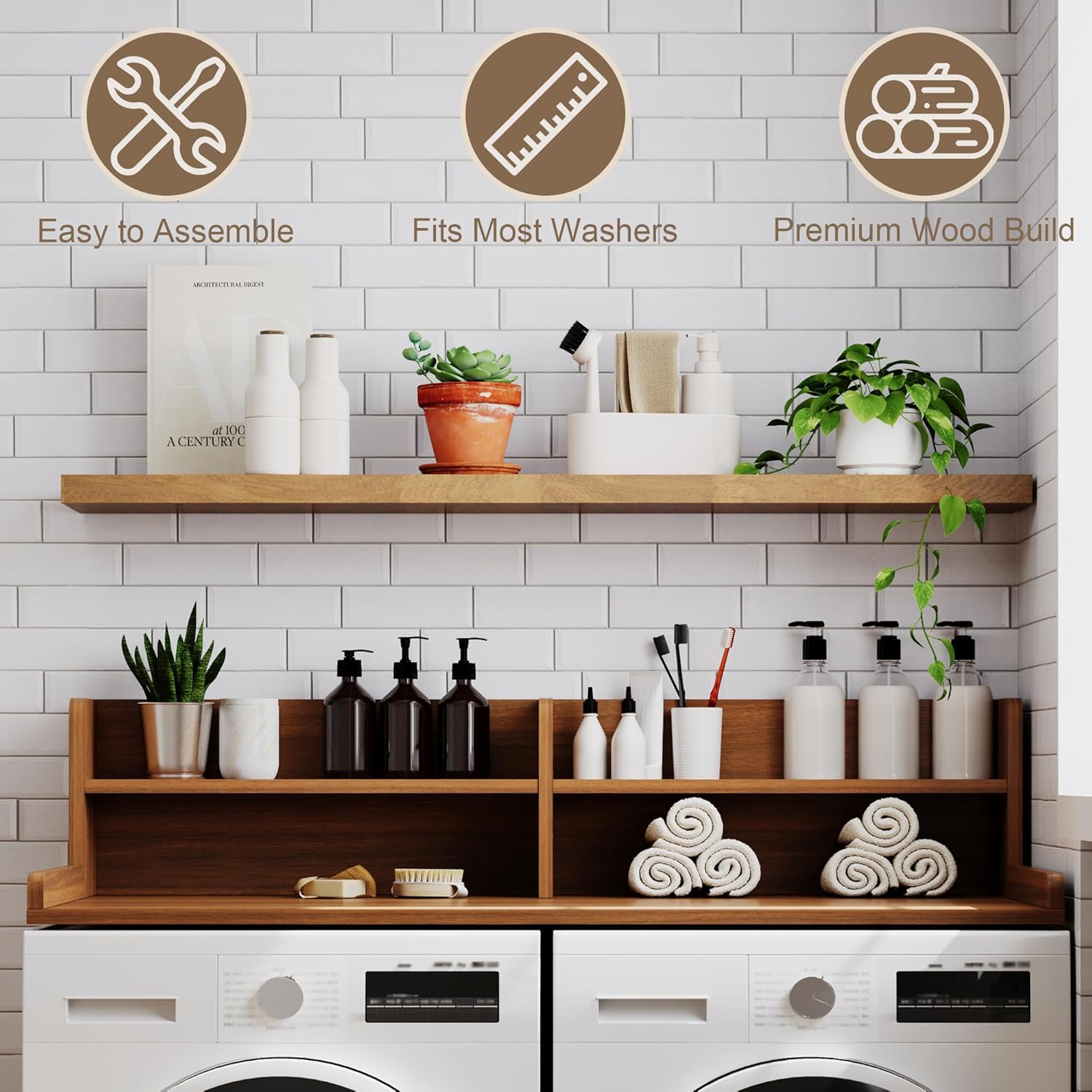 ChooChoo 2-Tier Washer Dryer Countertop with Adjustable Shelf, Spacious Laundry Room Storage for Folding Clothes and Efficient Organization, Walnut