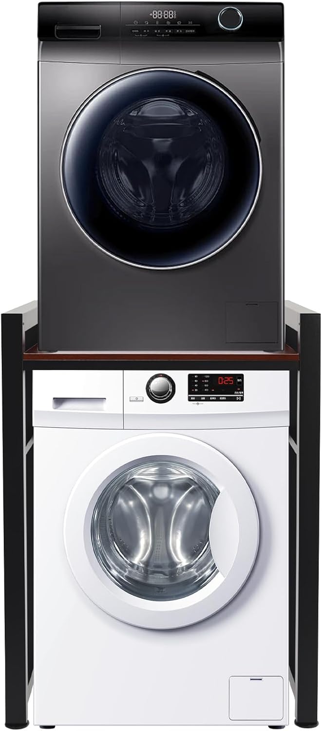 Washer Dryer Stacking Rack Stand, Laundry Room Storage and Organizer Standing Shelf with Adjustable Foot Pads & Heightened Guardrail Washing Machine Shelf for Washing Machine Dryer Etc
