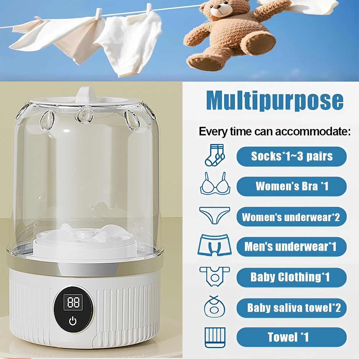 Cordless Portable Washing Machine for Delicates - 4000mAh Rechargeable Mini Washer with Gentle Cycle, Compact Laundry Solution for Bras/Underwear/Socks, Camping/RV/Dorms/Apartments (Blue)