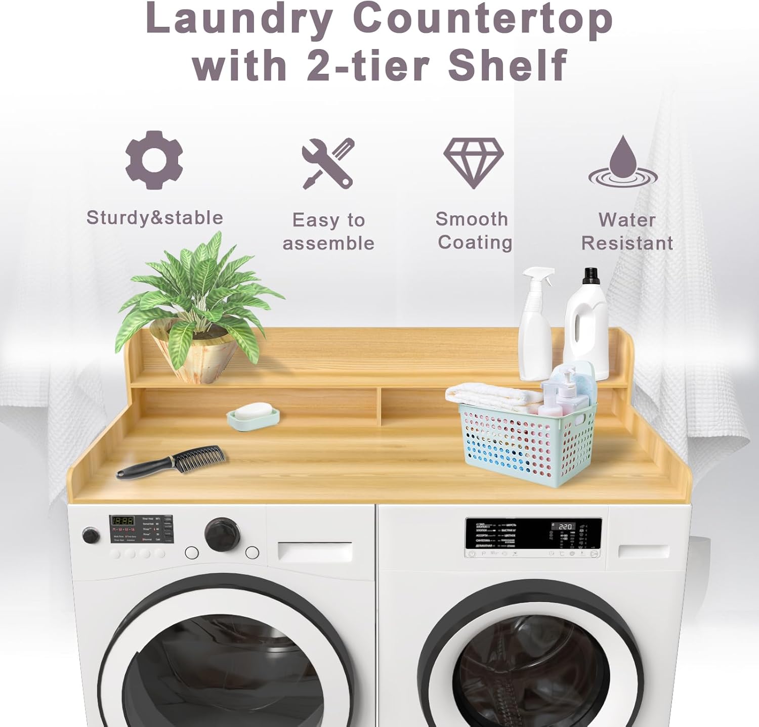 2-Tier Washer and Dryer Countertop Shelf, White Laundry Topper with Non-Slip Pads, Laundry Room Storage & Organization for Small Apartment Kitchen