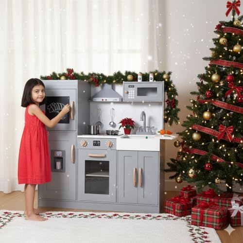 CABIHOME Wooden Play Kitchen Set with Cookware Accessories, Real Lights & Sounds, Include Microwave, Oven, Sink, Pretend Play Kitchen for 3+ Chef Pretend Play, Gray