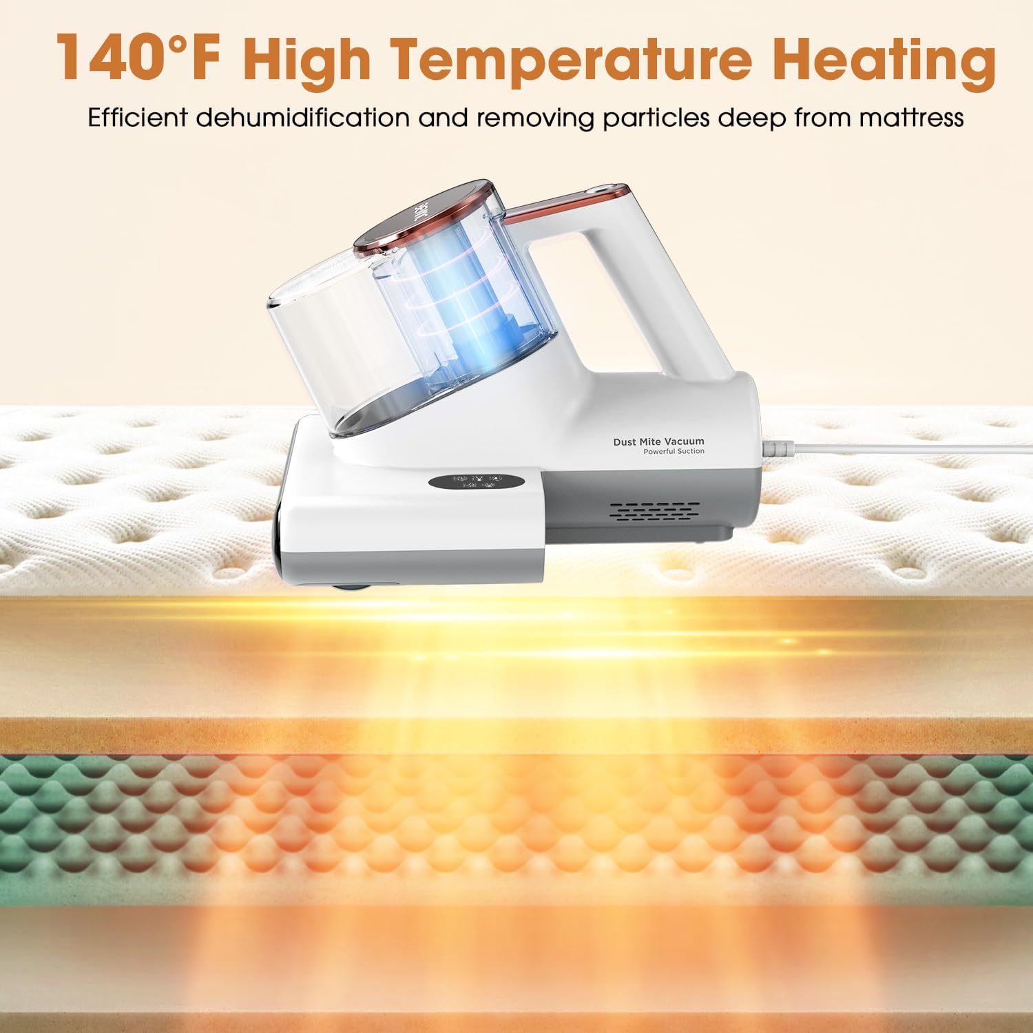 DEVINC Mattress Vacuum Cleaner, 16 KPa Bed Vacuum Cleaner with 253.7nm UV-C Light, HEPA Filter & Heating Tech, Handheld Vacuums for Bed, Sofa, Couch, Crib, Fabric Surfaces(Corded)