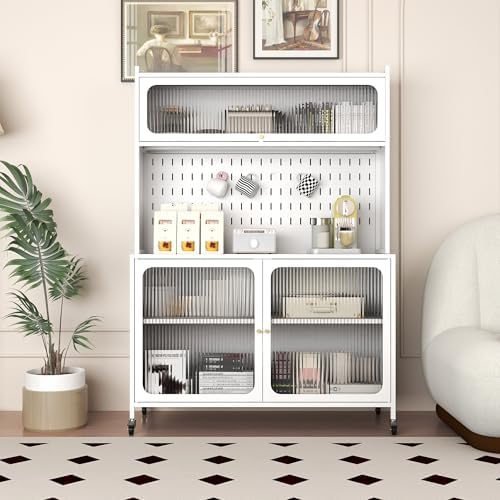 Kitchen Bakers Rack with Flip Door Cabinet, Metal Microwave Stand with Storage Cabinet and Metal Pegboard Panels for Kitchen, Pantry, Home(White)