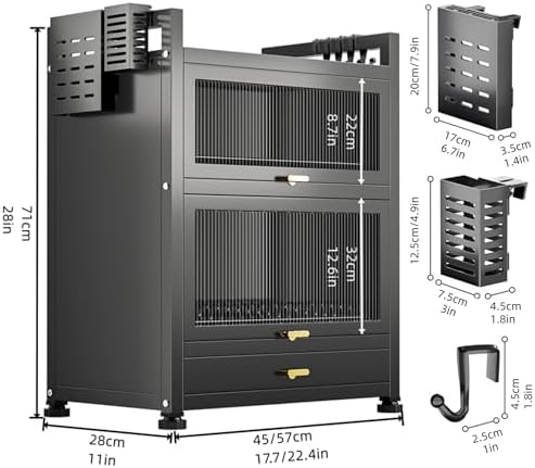 Kitchen Countertop Dish Cabinet with Drawers, Countertop Pantry with Drain Trays and Doors, Multifunctional Microwave Oven Rack, Space-Saving Dish Organizer for Dining room(White,17.7''x11.4''x28'')