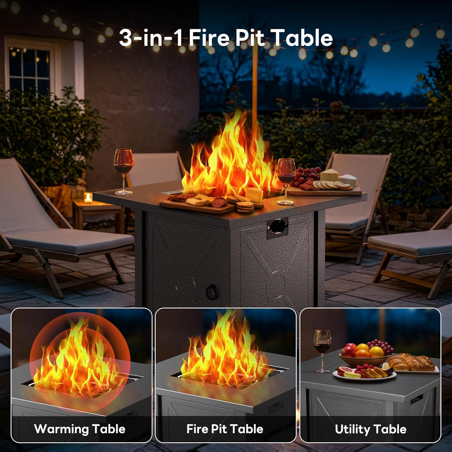 28 Inch Propane Fire Pit Table, 3-in-1 Multi-Use 50,000 BTU Square Gas Fire Pit with Lid & Lava Rock, Steel Tabletop, Adjustable Flame, for Patio, Backyard, Deck, Outdoor Gatherings