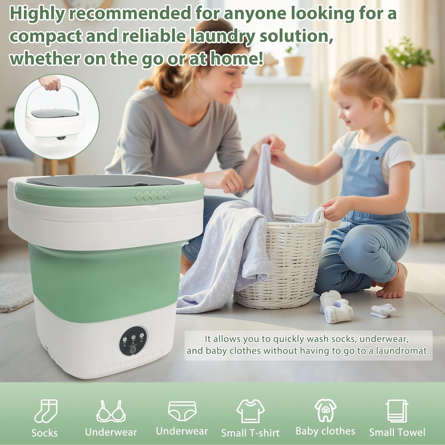 Portable Washing Machine, 17L Foldable Portable Laundry Machine and Spinner for Baby Clothes, Underwear, Socks with 3 Modes Deep Cleaning,Mini Washer for Travel, Dorms, Camping