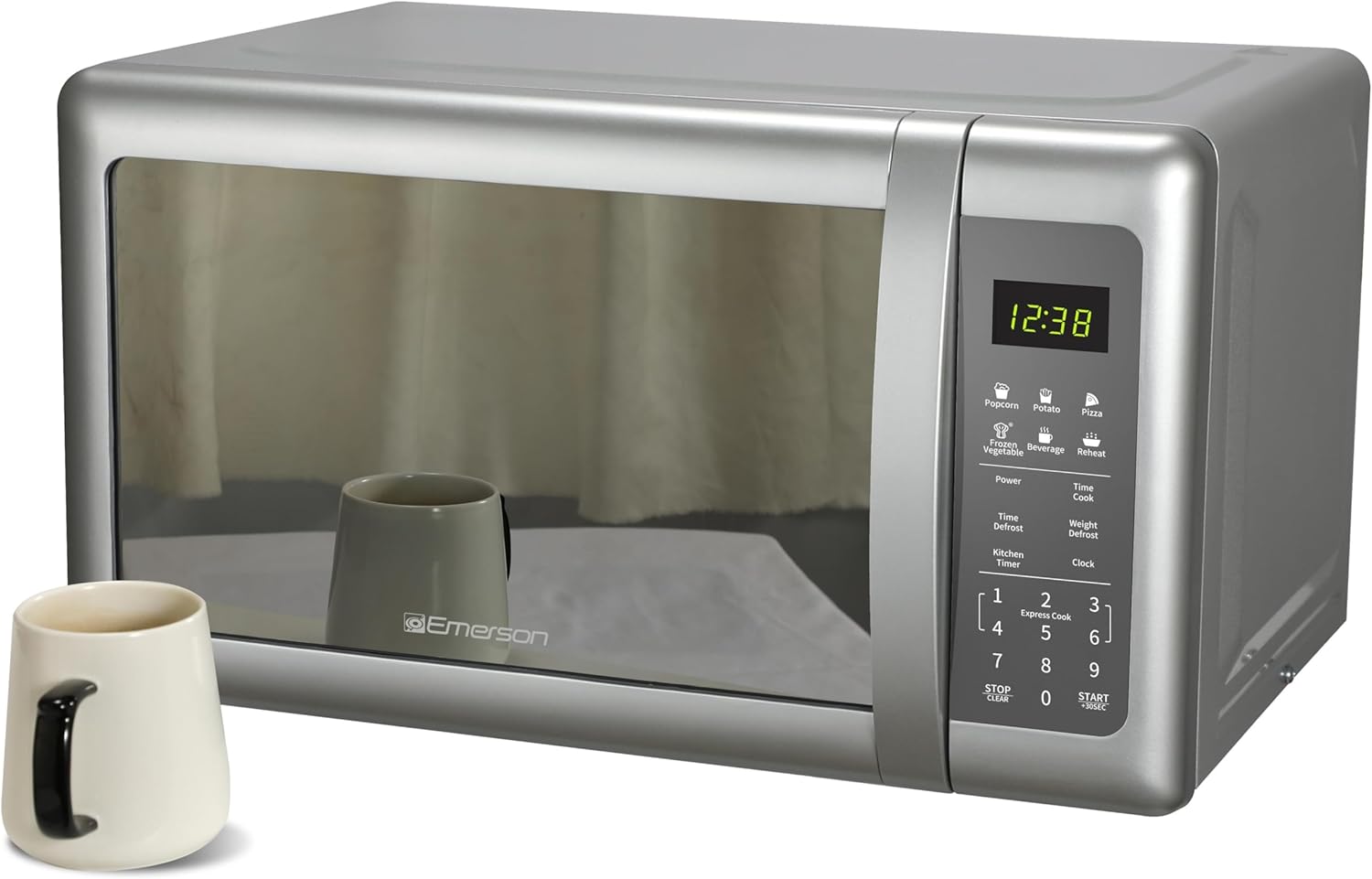 Emerson MW7601SL-N Countertop Microwave Oven with Sleek Mirrored Finish Glass Door, 700W, 10 Power Levels and 6 Pre-Programmed Settings with Child Safe Lock, 0.7. Cu. Ft., Silver