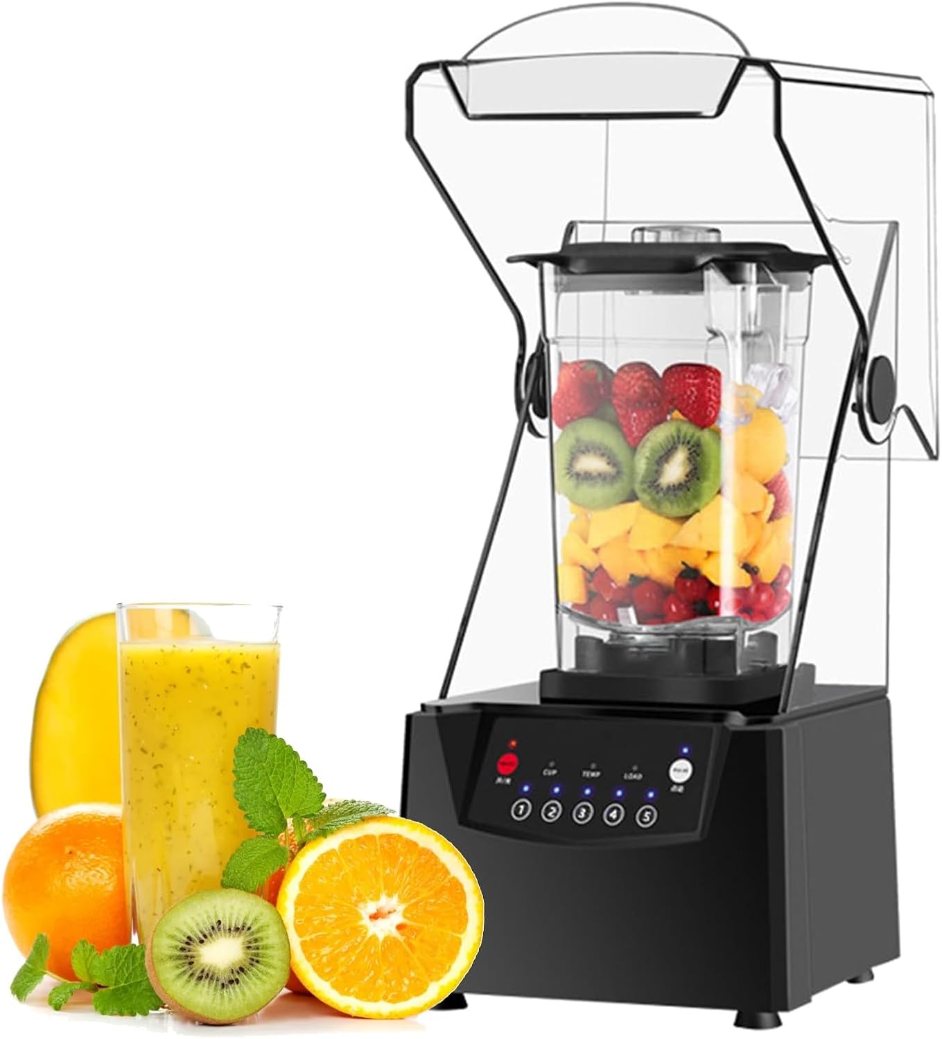 Professional Smoothie Blender, Commercial Countertop Blender with Shield Quiet Sound Enclosure, Electric Smoothie Maker, Automatic Cleaning, Fruit Juicer Ice Crusher, for Home Restaurants Hotels